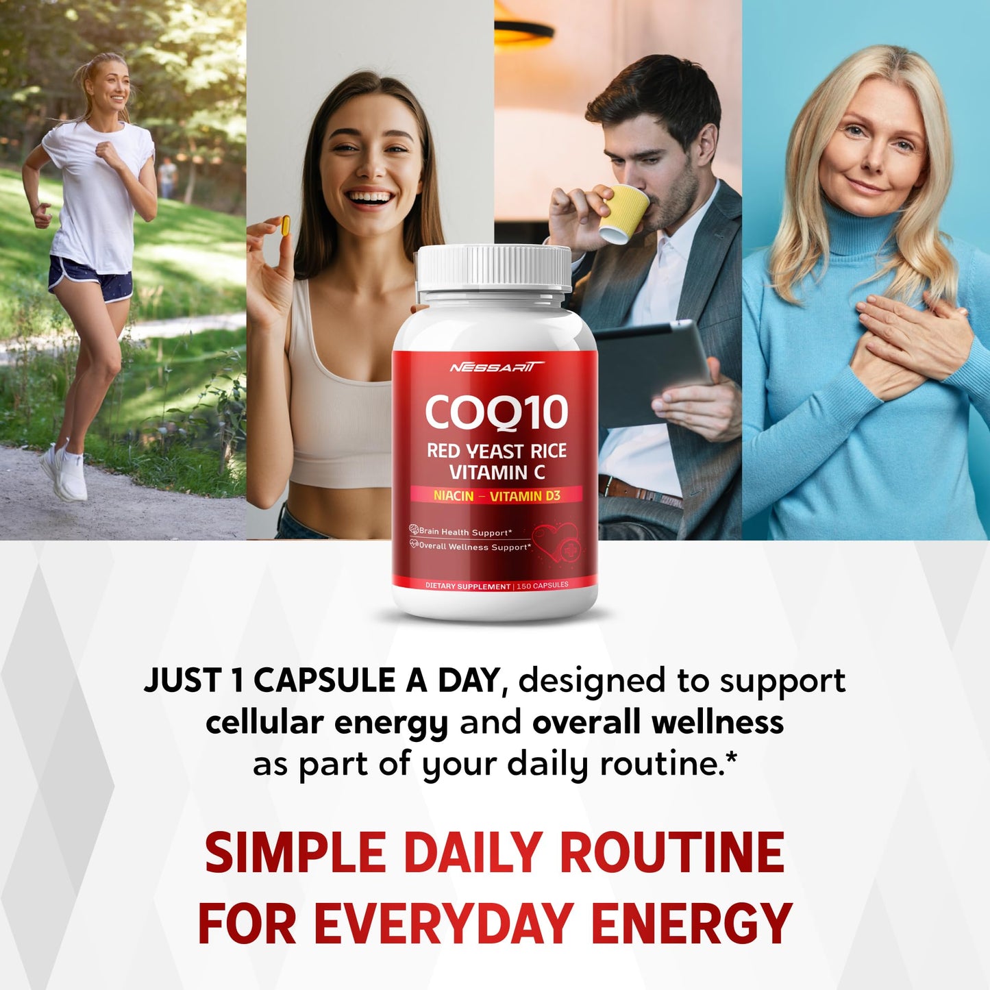 NESSARIT COQ10 + Red Yeast Rice Supplement - 10-in-1 Natural Blend with Omega 3 Vitamin B3, K2, D3, Zinc Milk Thistle Black Pepper Capsules 150 Count