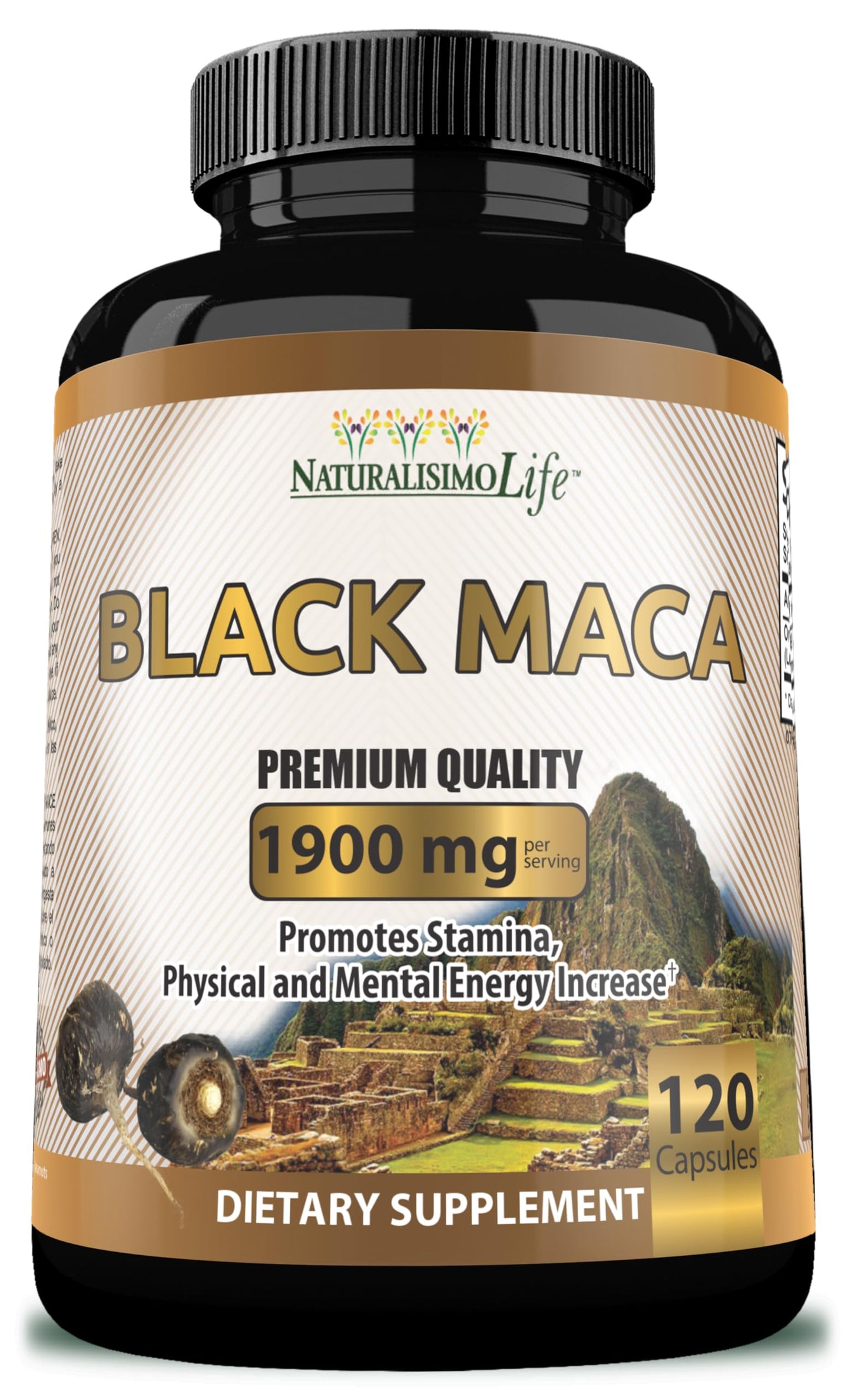 NaturalisimoLife Organic Black Maca 1,900 mg per Serving Natural Energy Booster Peruvian Maca for Men & Women Capsules, 120 Count