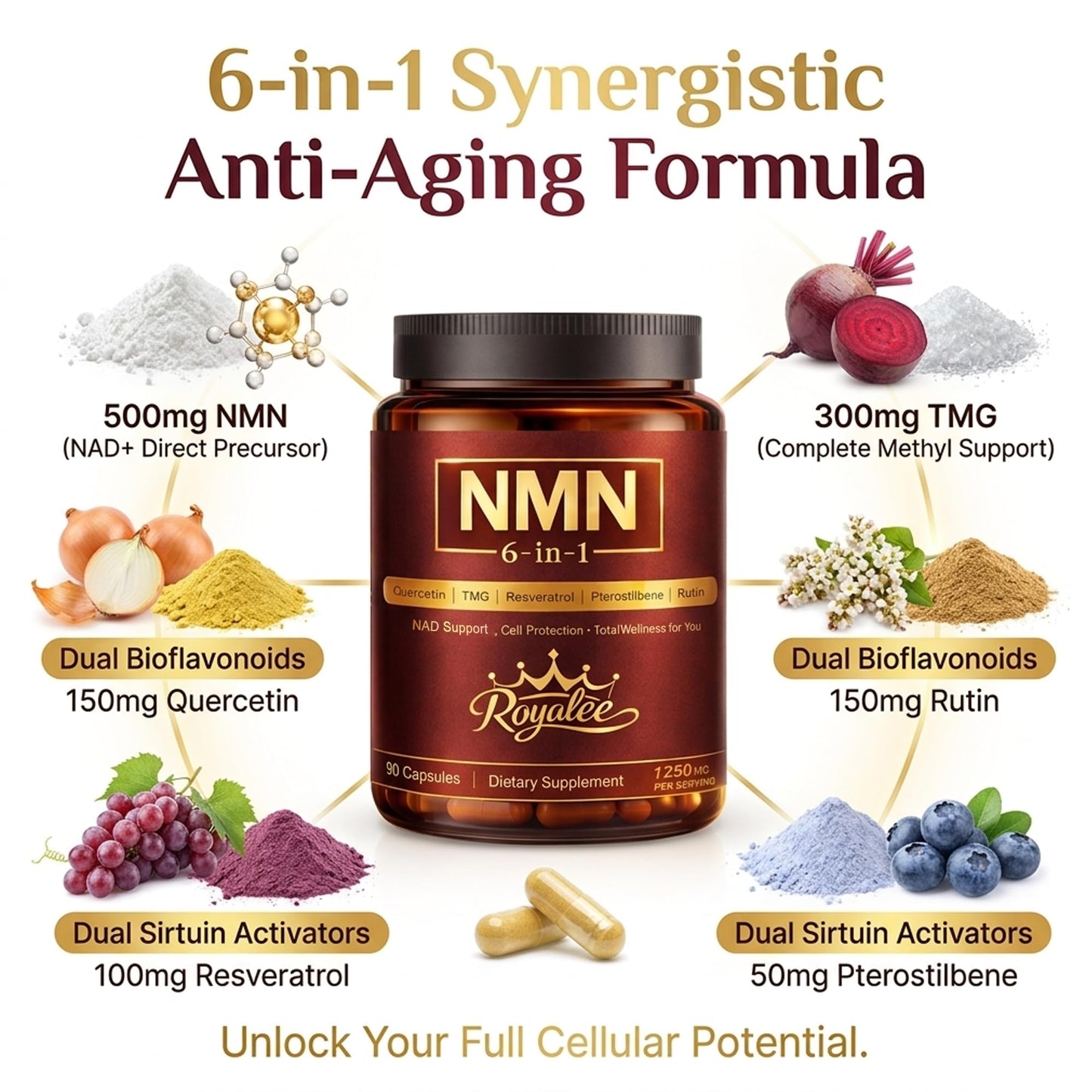 Royalee NMN NAD Supplement 1250mg Capsule, 90 Capsules