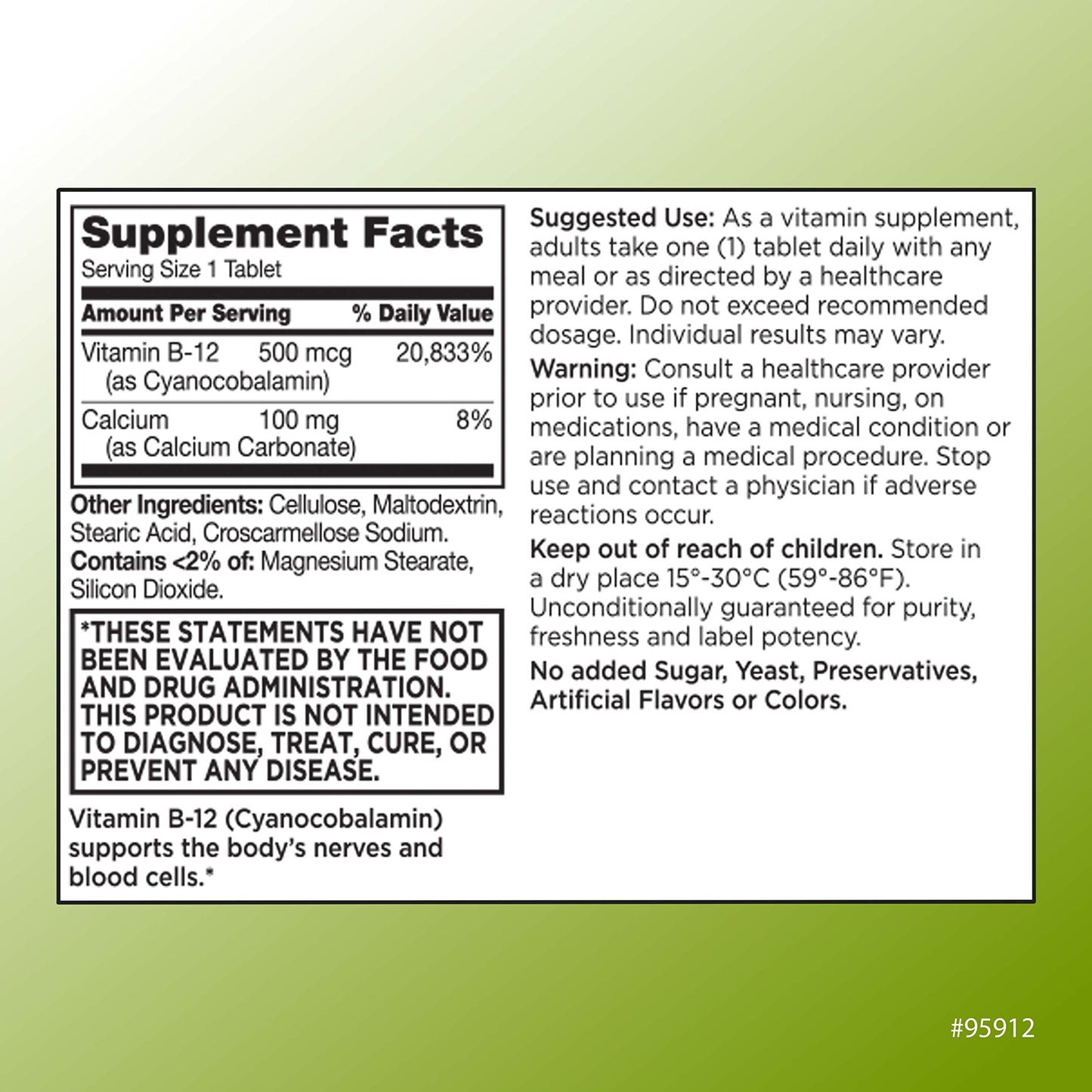 Quality Choice Vitamin B12 500 mcg, Energy, Metabolism, and Nervous System Support Tablets 100 Count