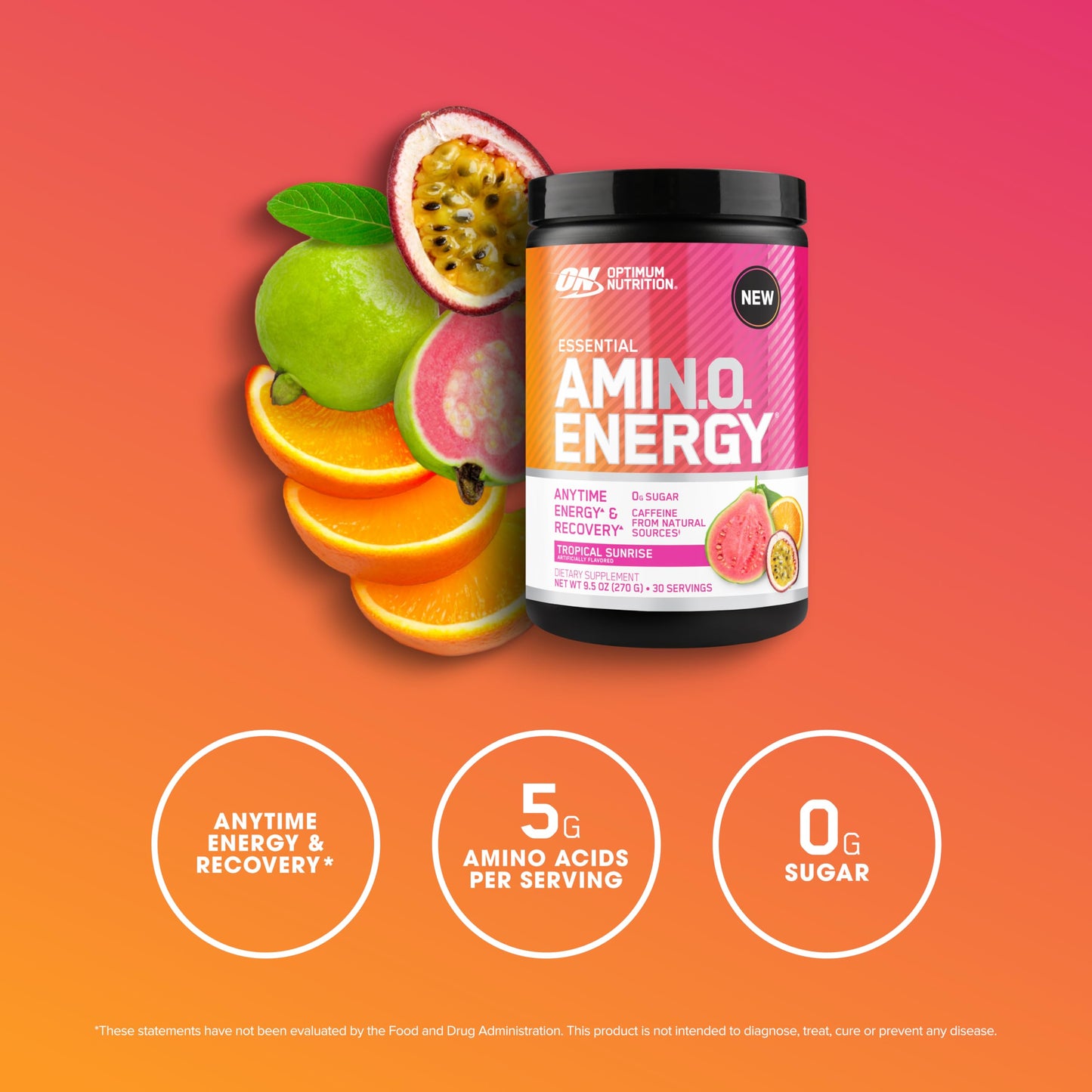 Optimum Nutrition Amino Energy - Pre Workout with Green Tea, BCAA, Amino Acids, Keto Friendly, Green Coffee Extract, Energy Powder - Tropical Sunrise, 9.5 Ounce, 30 Servings (Packaging May Vary)