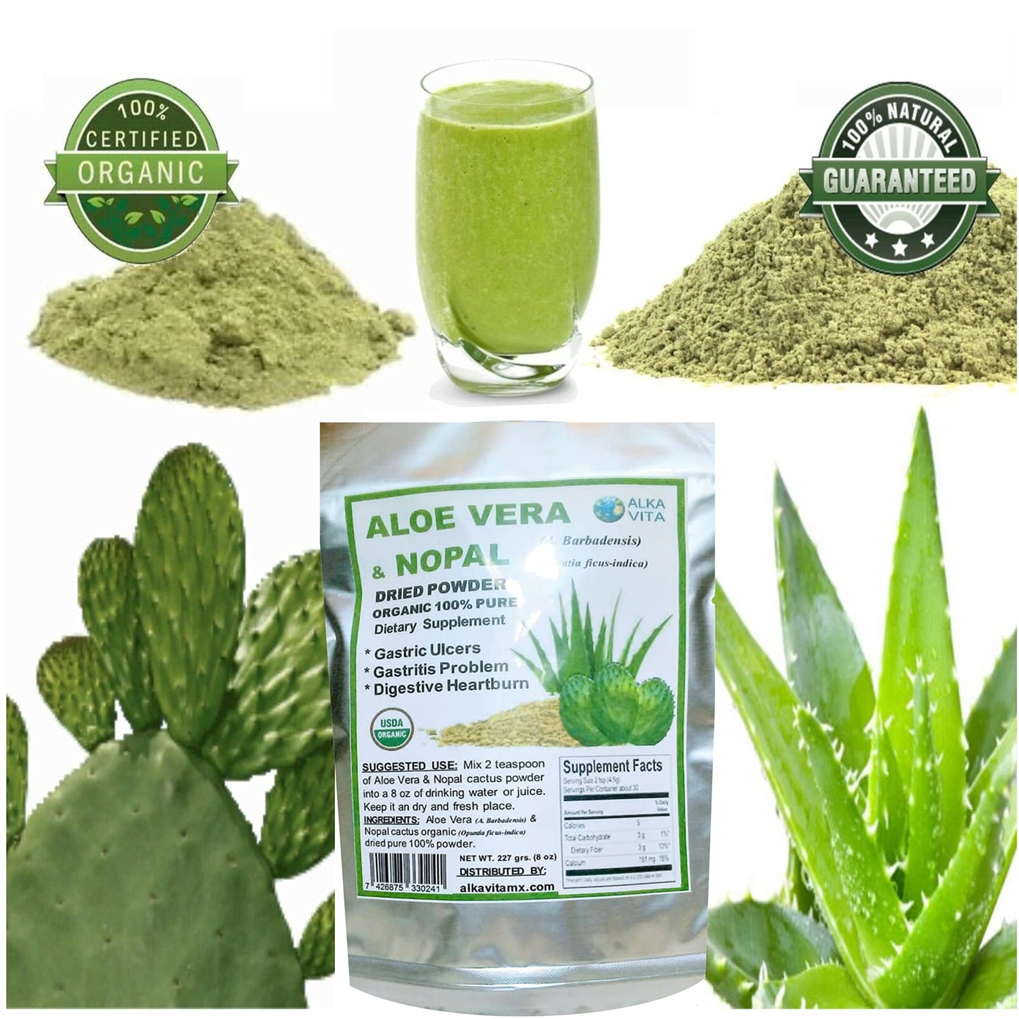 Generic Aloe Vera & Nopal Cactus Pure 100% Organic Vegan Dried Powder Digestive System Health, 8 Ounce