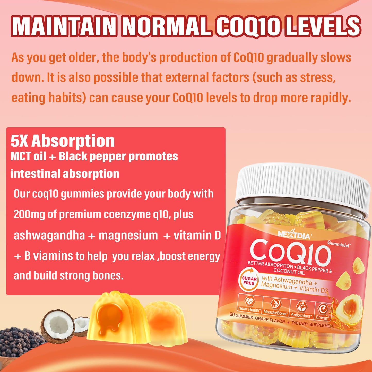 Nextdia Sugar Free C + D3 + Zinc Immune Gummies + Sugar Free CoQ10 200mg Filled Gummies, 180 Gummies