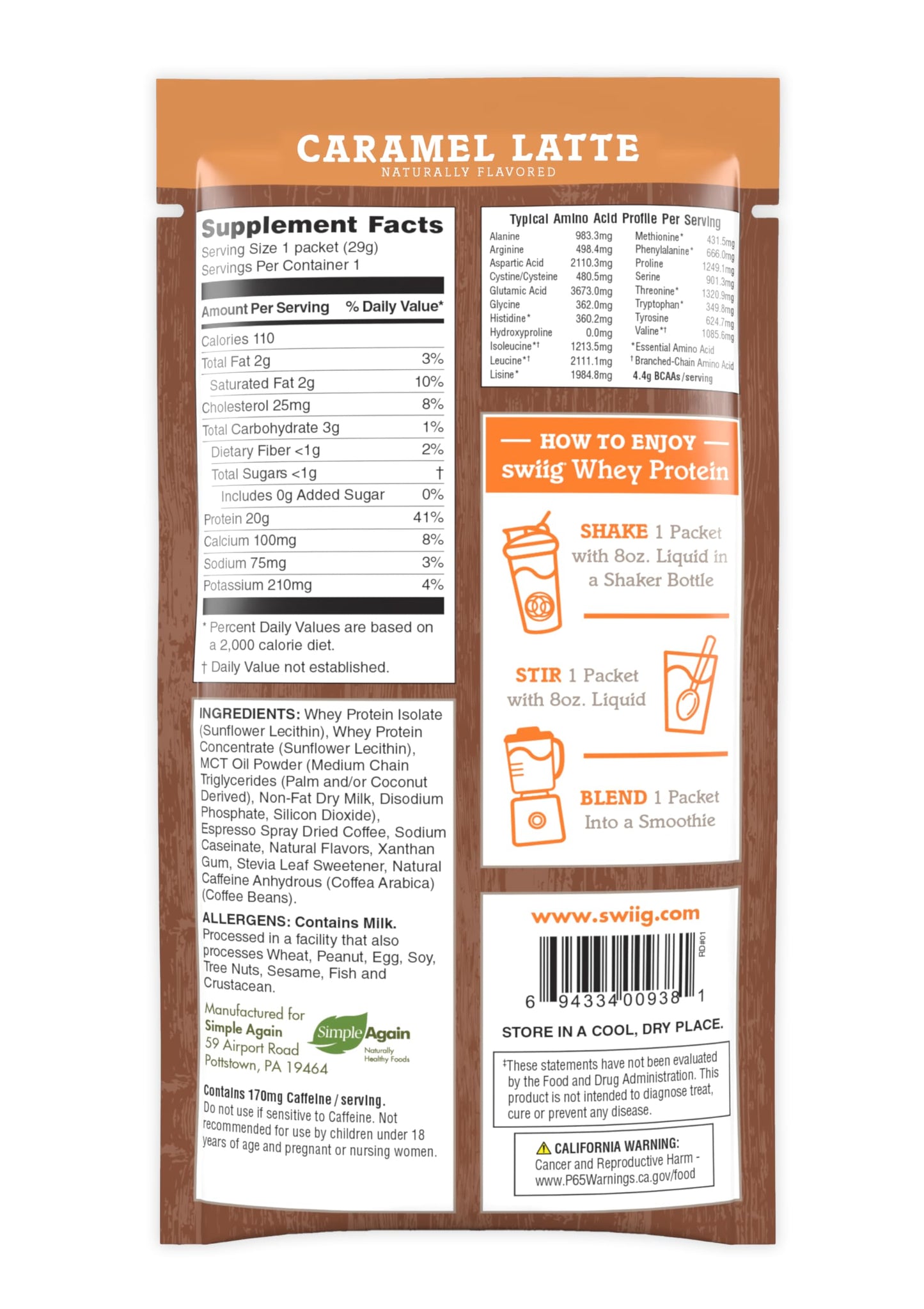 swiig Whey Protein Powder Caramel Latte Single-Serve Packets, 10 Count