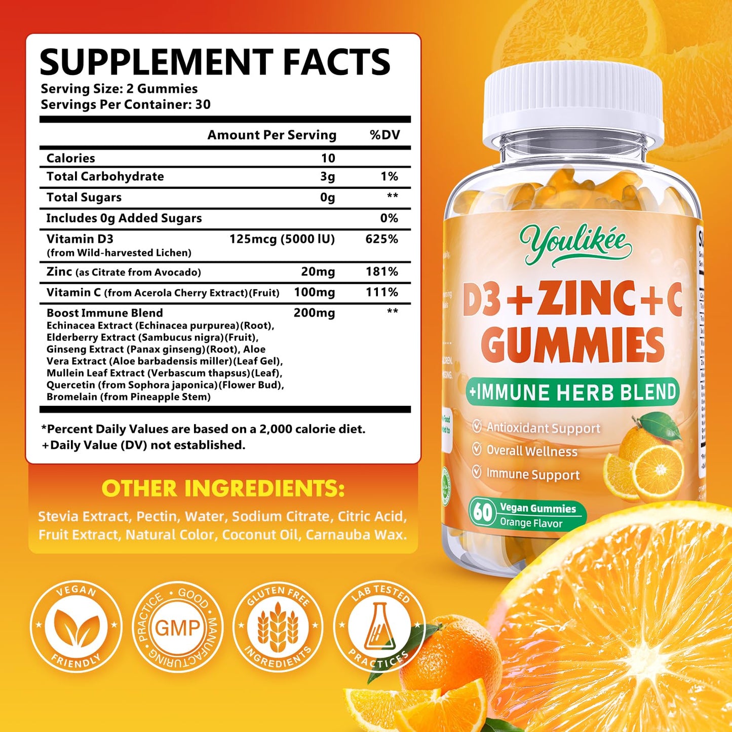 Youlikee Vitamin C + D3 + Zinc Gummies for Adults, Immune Support, 120 Count