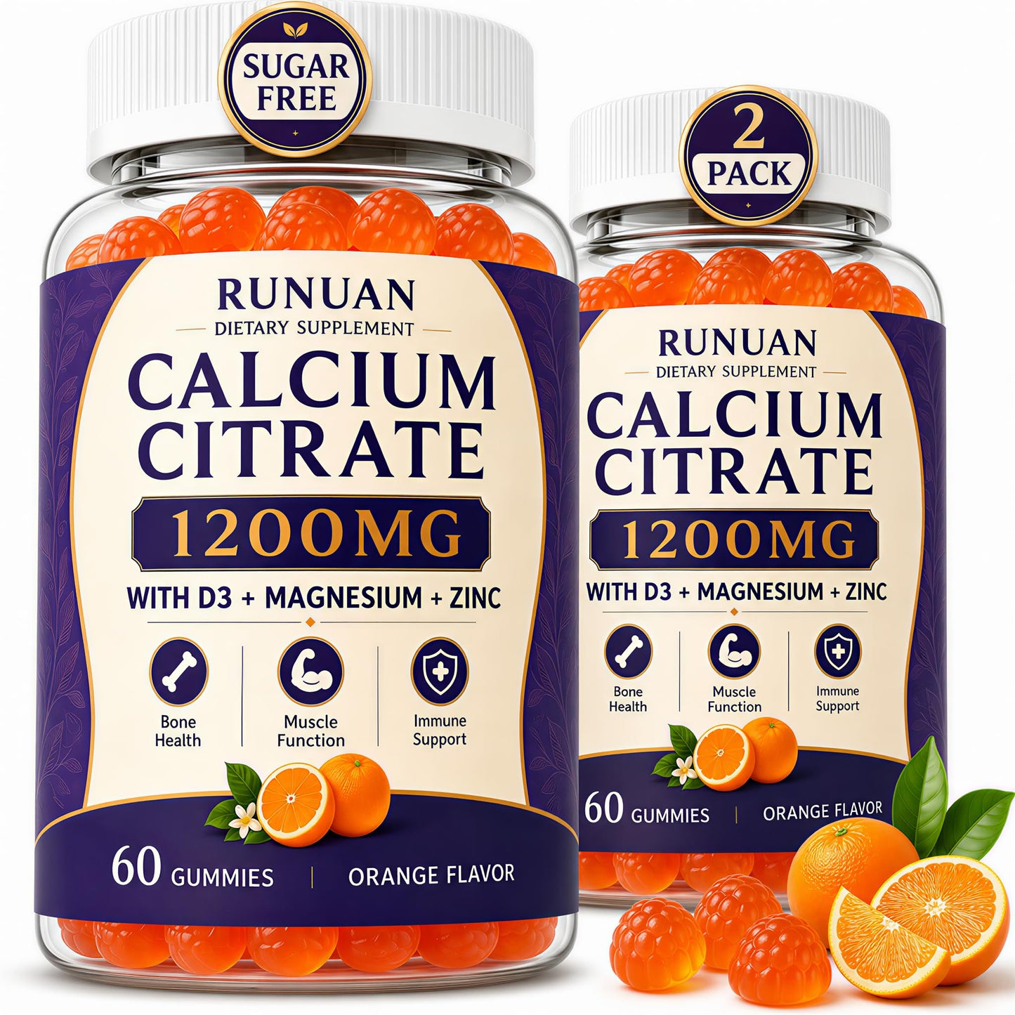 RUNUAN Calcium 1200 mg with Magnesium Zinc D3 Gummies for Women and Men, 120 Count