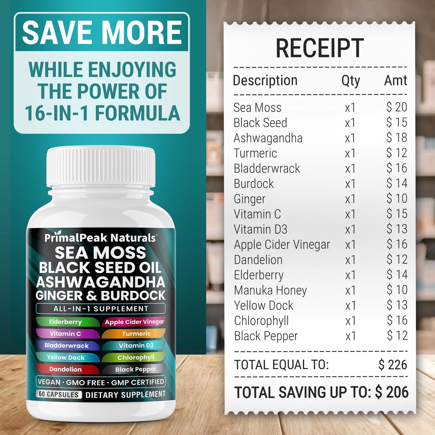 PrimalPeak Naturals Sea Moss Black Seed Oil Ashwagandha Ginger Burdock Bladderwrack Turmeric & Vitamin C Vitamin D3 with ACV Elderberry Chlorophyll Dandelion Yellow Dock Vegan Capsules - 120 Count