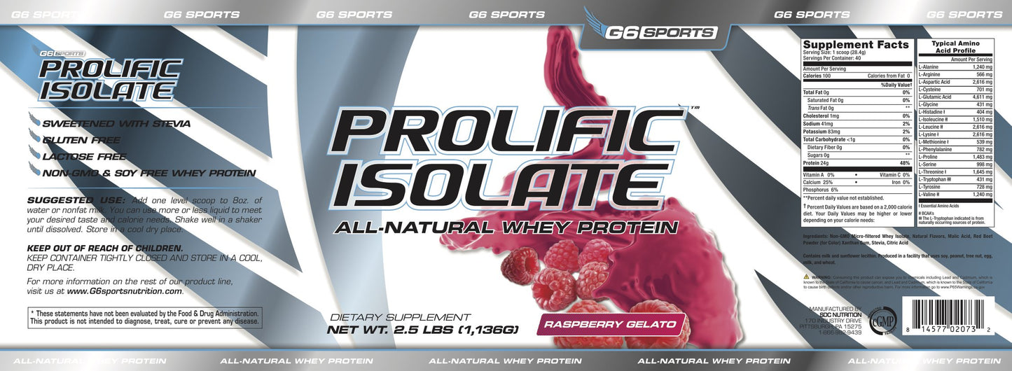 G6 Sports Prolific Isolate All Natural Whey Protein Isolate Powder, 40