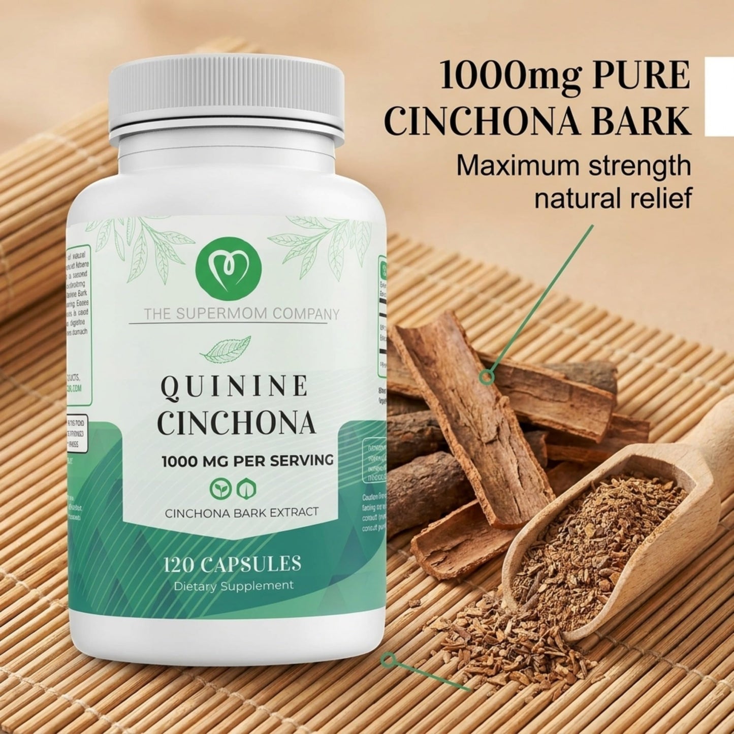 The Supermom Company Quinine Cinchona Bark Extract 1000 mg Capsules, 120 Count