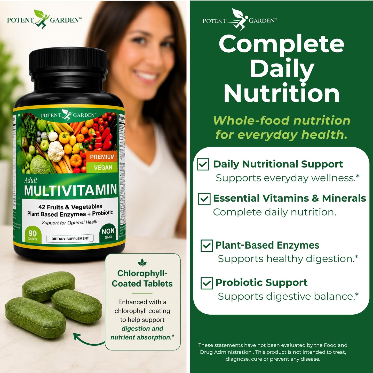 Potent Garden Multivitamin for Men & Women – 42 Fruits & Vegetables, Probiotics & Enzymes, Daily Whole Food Supplement for Energy, Immune Support & Digestion, Non-GMO, 90 Tablets