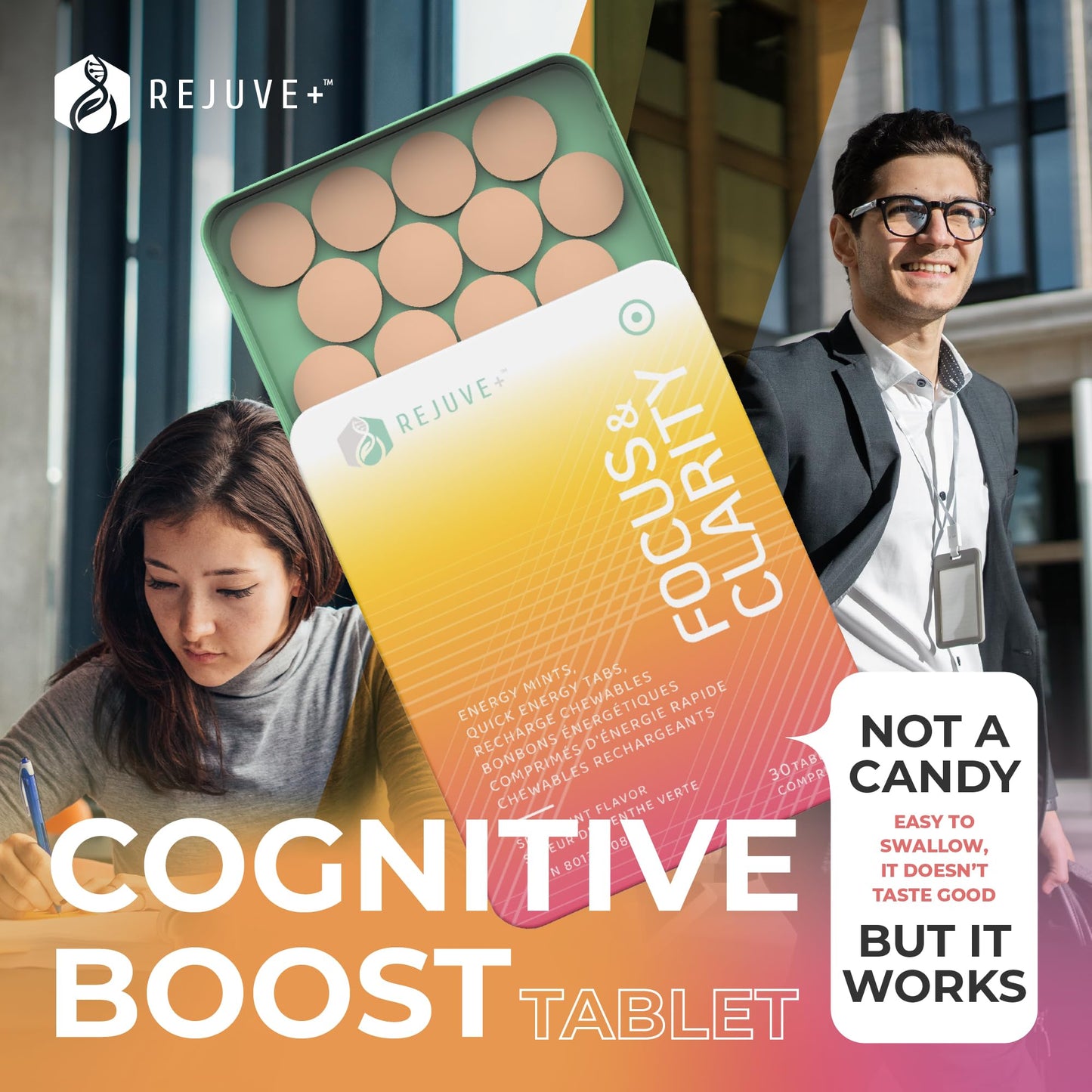 REJUVE+ Focus & Clarity Nootropic Supplement – Brian Boost Chewables, 30 Count