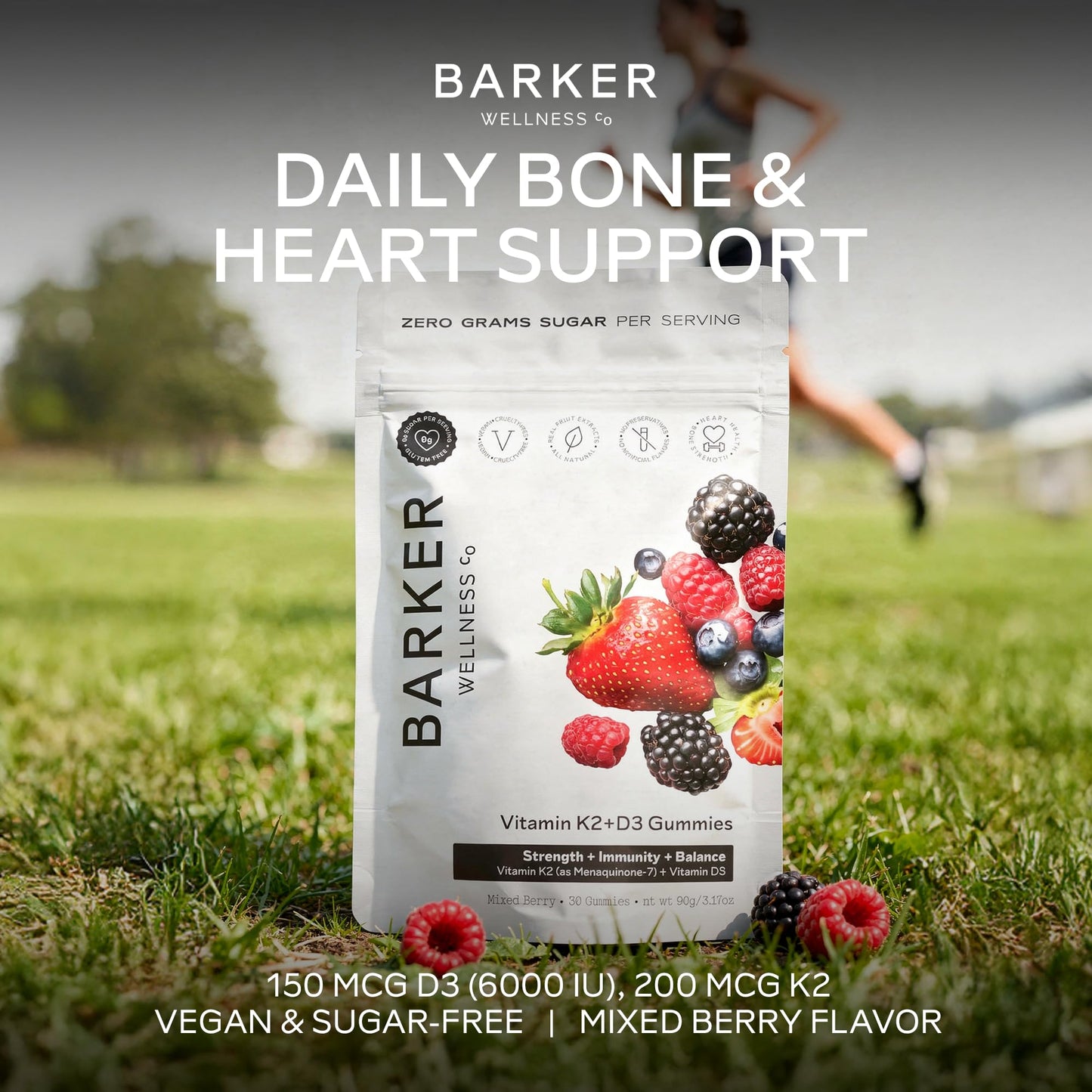 Barker Wellness Co D3 K2 Vitamin Gummies Max Potency 6000IU D3 + 200mcg K2, Vegan Sugar-Free Mixed Berry, Gummy, 30 Count