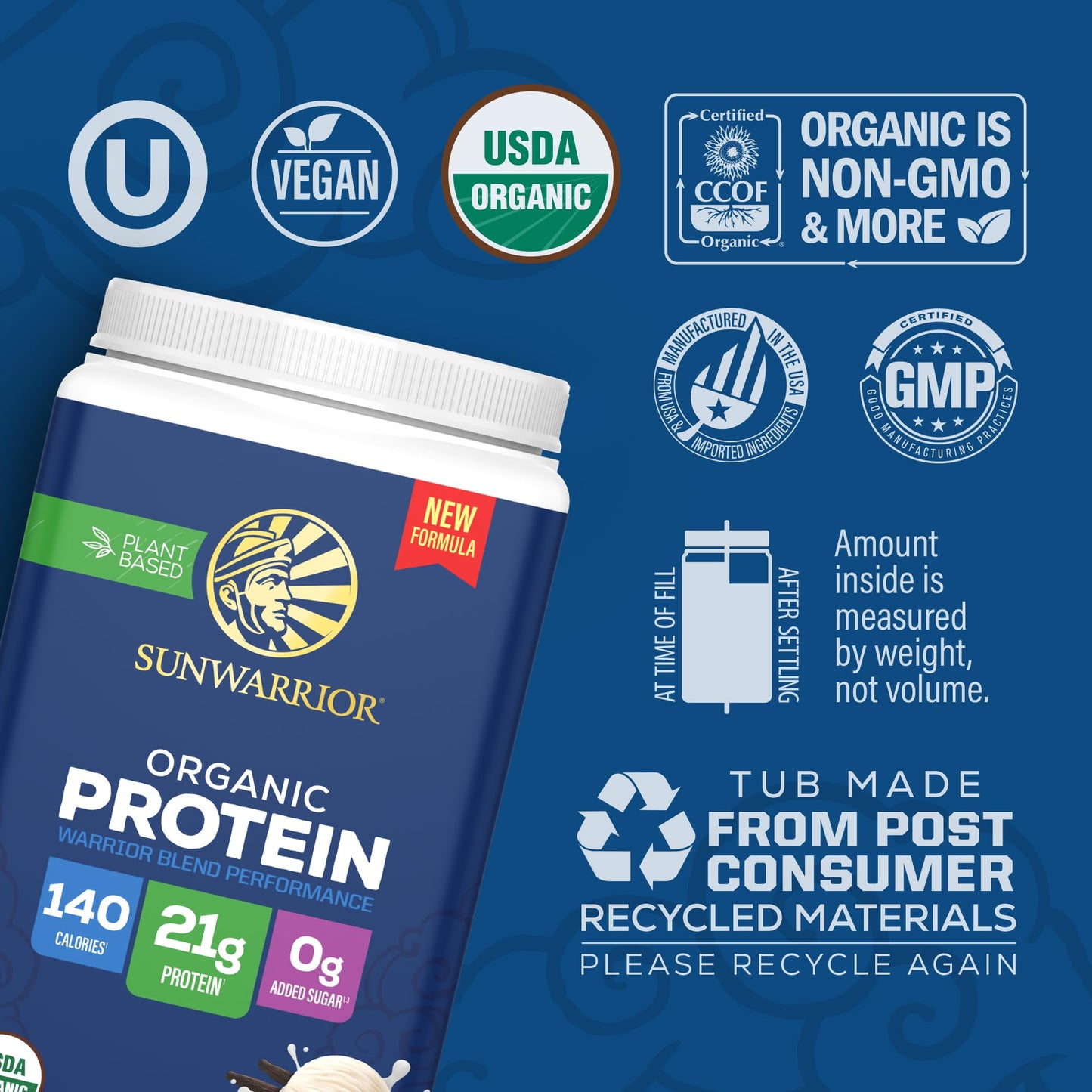 Sunwarrior Organic Plant-Based Protein Powder, Vanilla Flavored, 35.04 oz