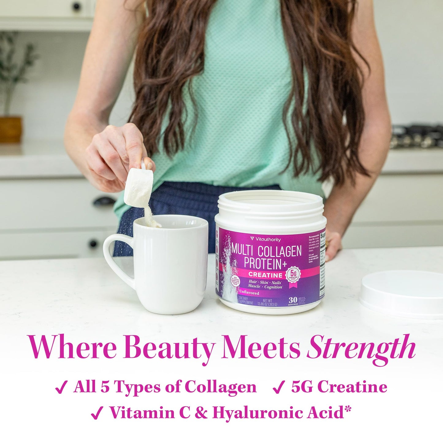 Vitauthority Multi Collagen Protein + Creatine Powder, 13.8 oz