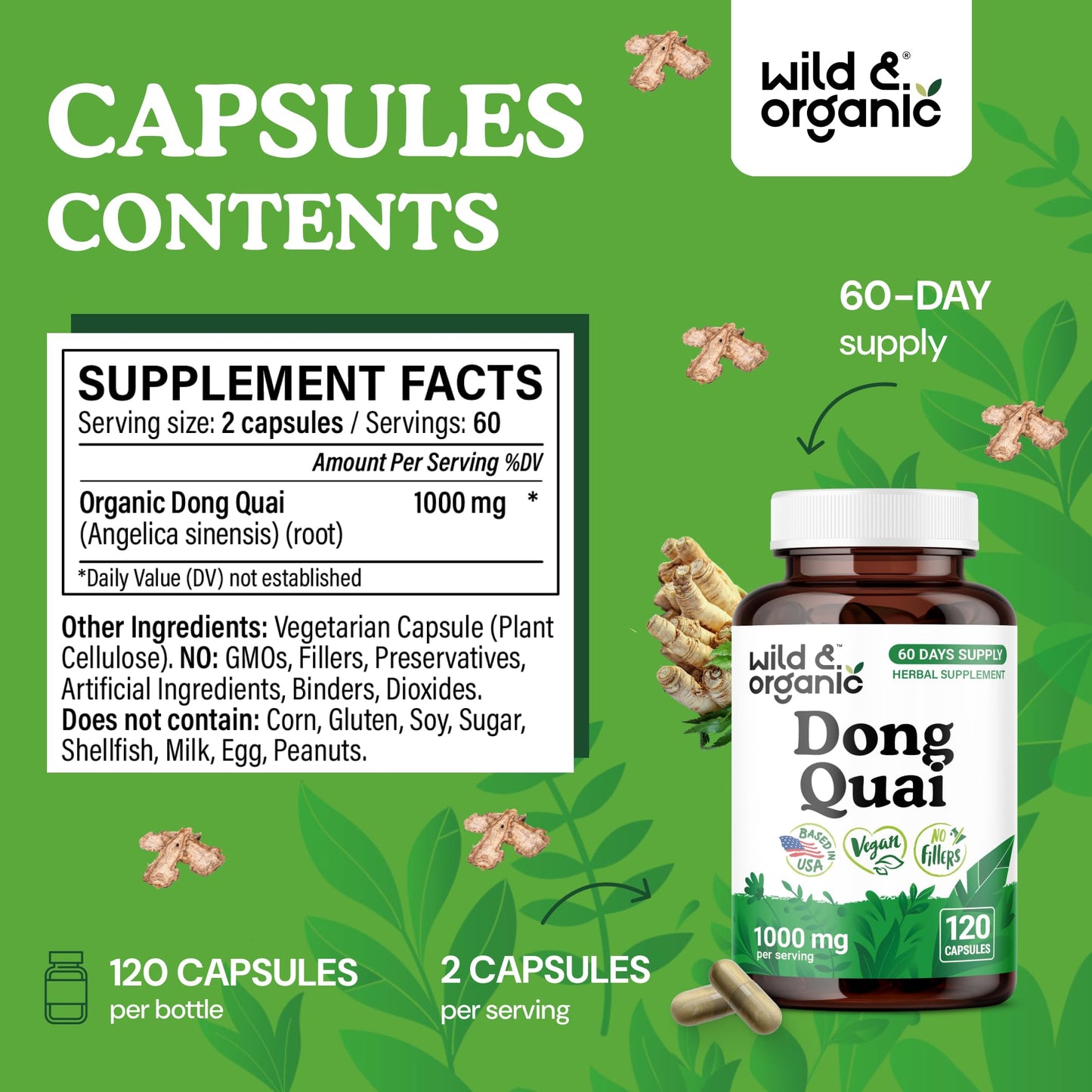 Wild & Organic Dong Quai Capsules 1000 mg, 120 Count