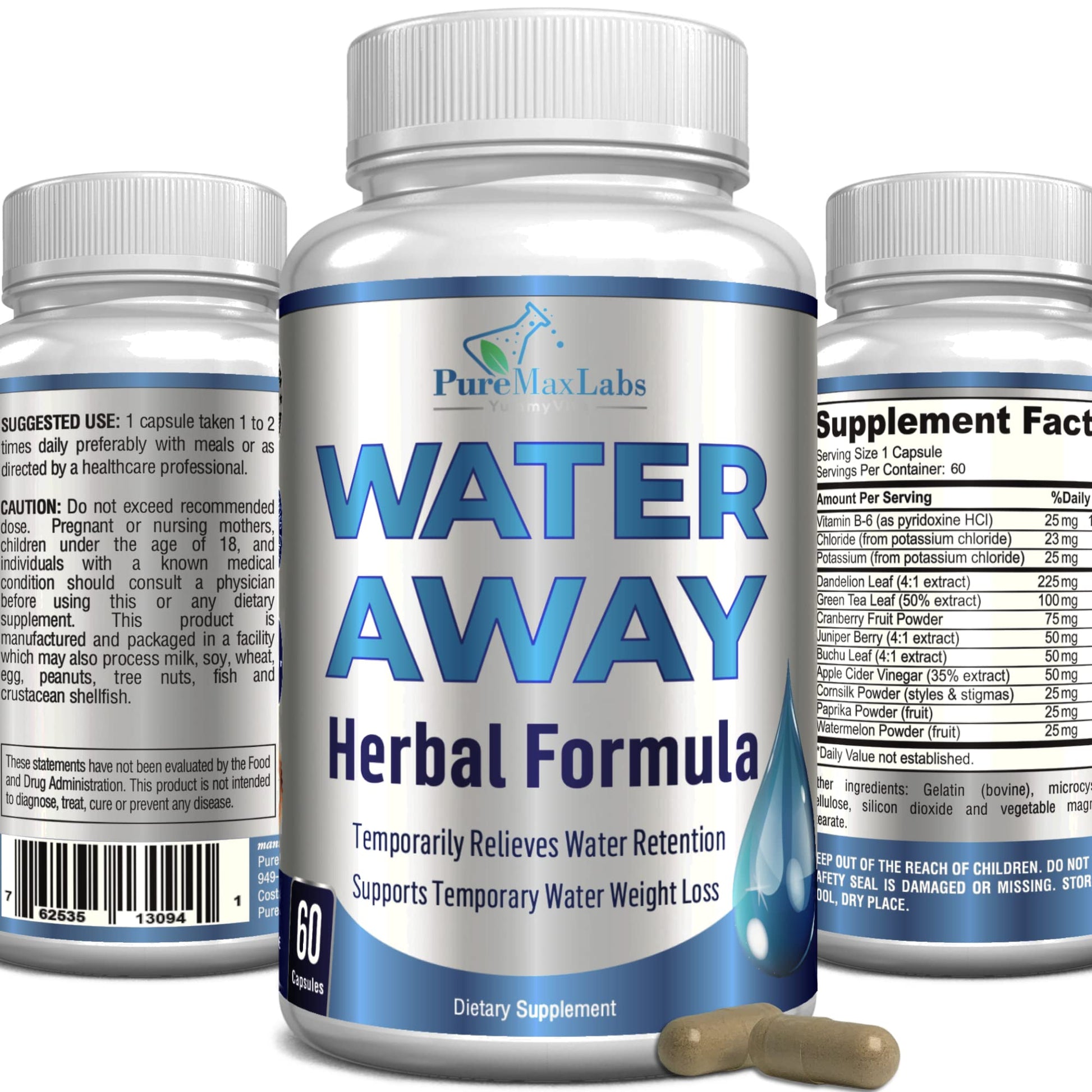 YUMMYVITE Water Away Gentle Herbal Diuretic Capsules, 60 Count
