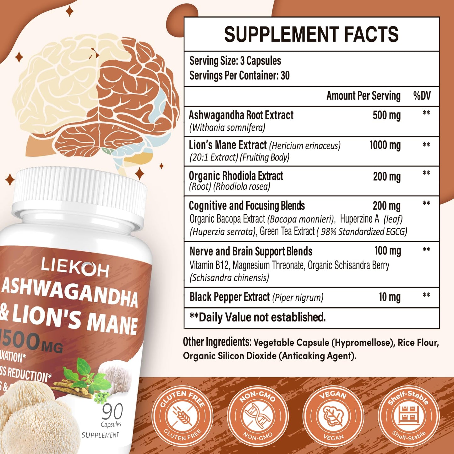 Liekoh Ashwagandha & Lions Mane Supplement Capsules, 90 Capsules