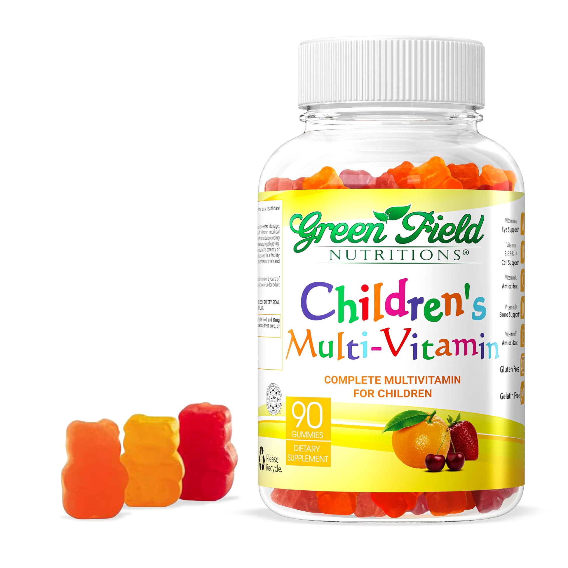 GREEN FIELD NUTRITIONS Halal Multivitamin for Kids Gelatin-Free Halal Kids Multivitamin Gummies with Vitamins A, B, C, D, Iodine & Zinc for Immunity – Essential Vitamins for Children Gummy 90 Count
