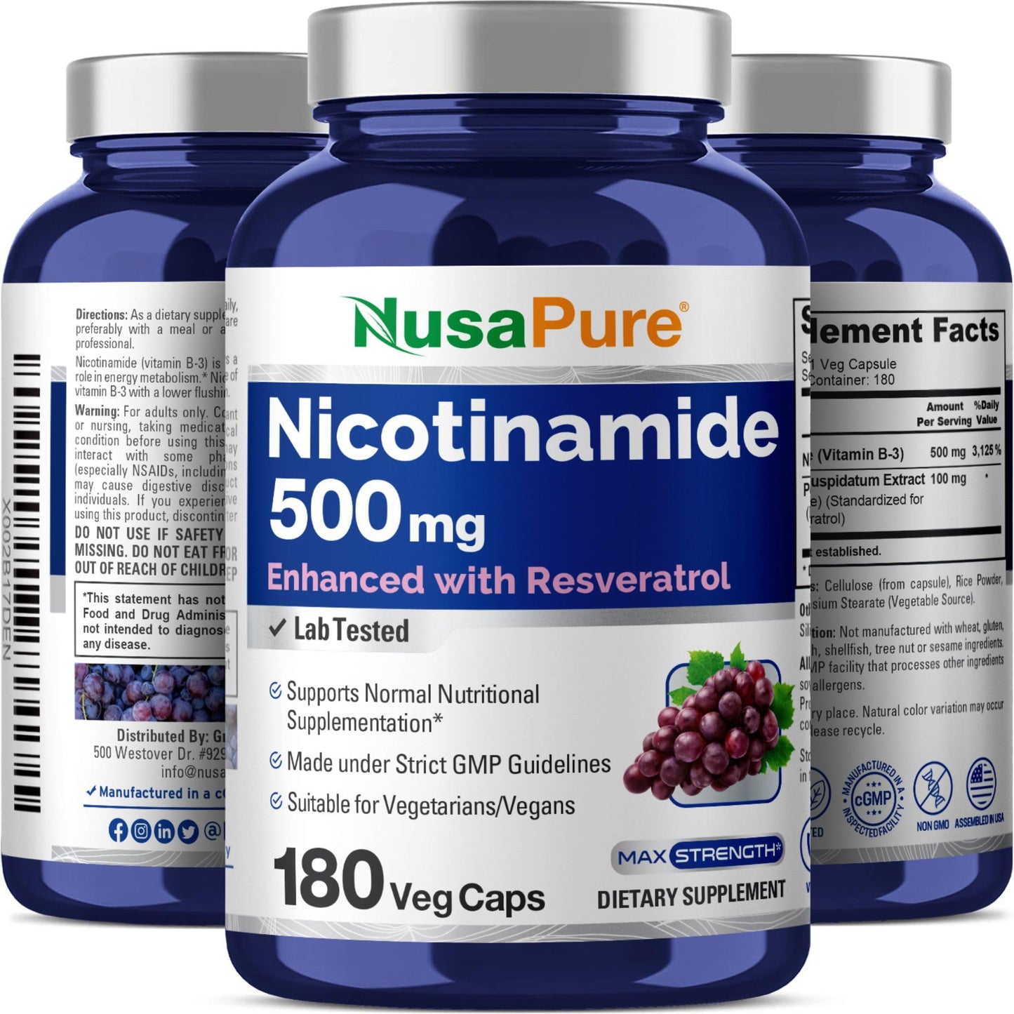 NusaPure Nicotinamide & Vitamin B-3 500mg Capsule, 180 Count