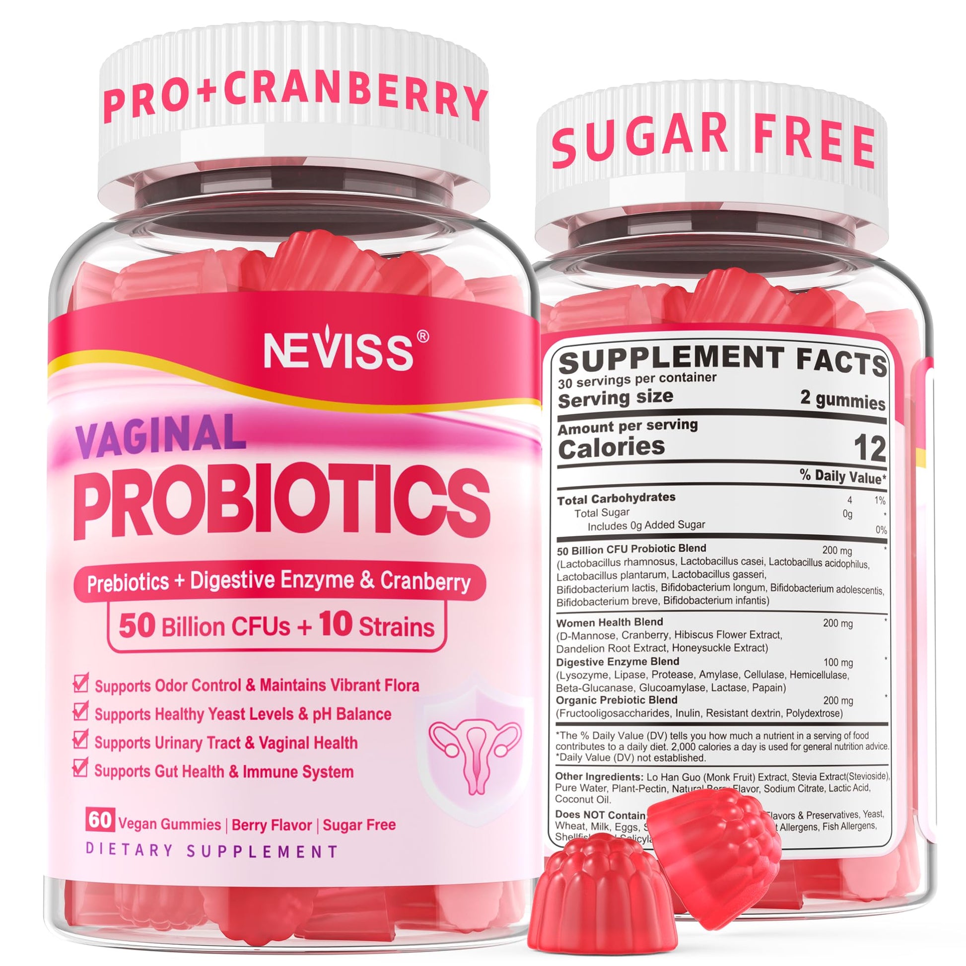 NEVISS Vaginal Probiotics for Women, PH Balance Gummies 60 Count