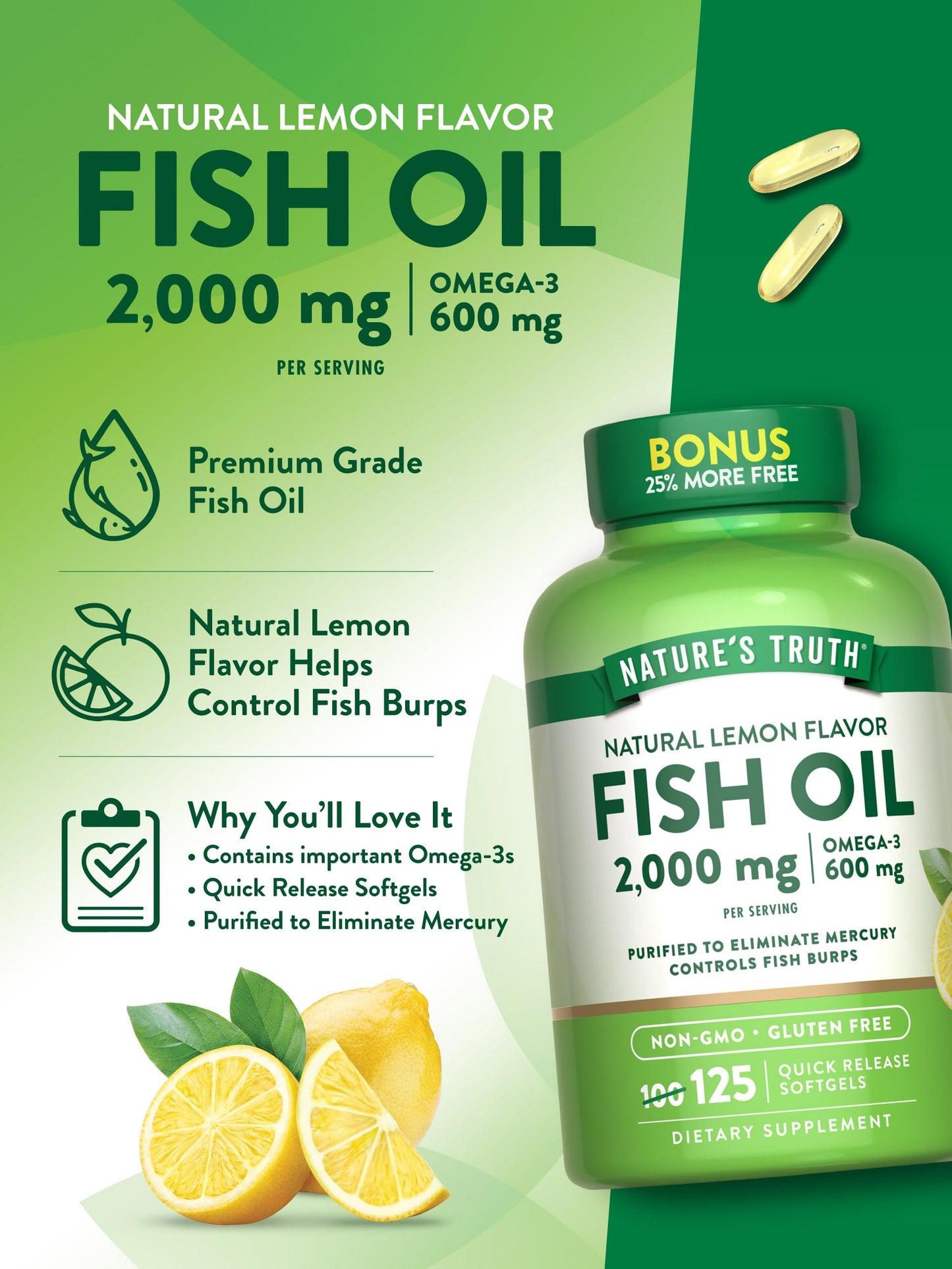 Nature's Truth Omega 3 Fish Oil 2000 mg Softgel, 125 Softgels