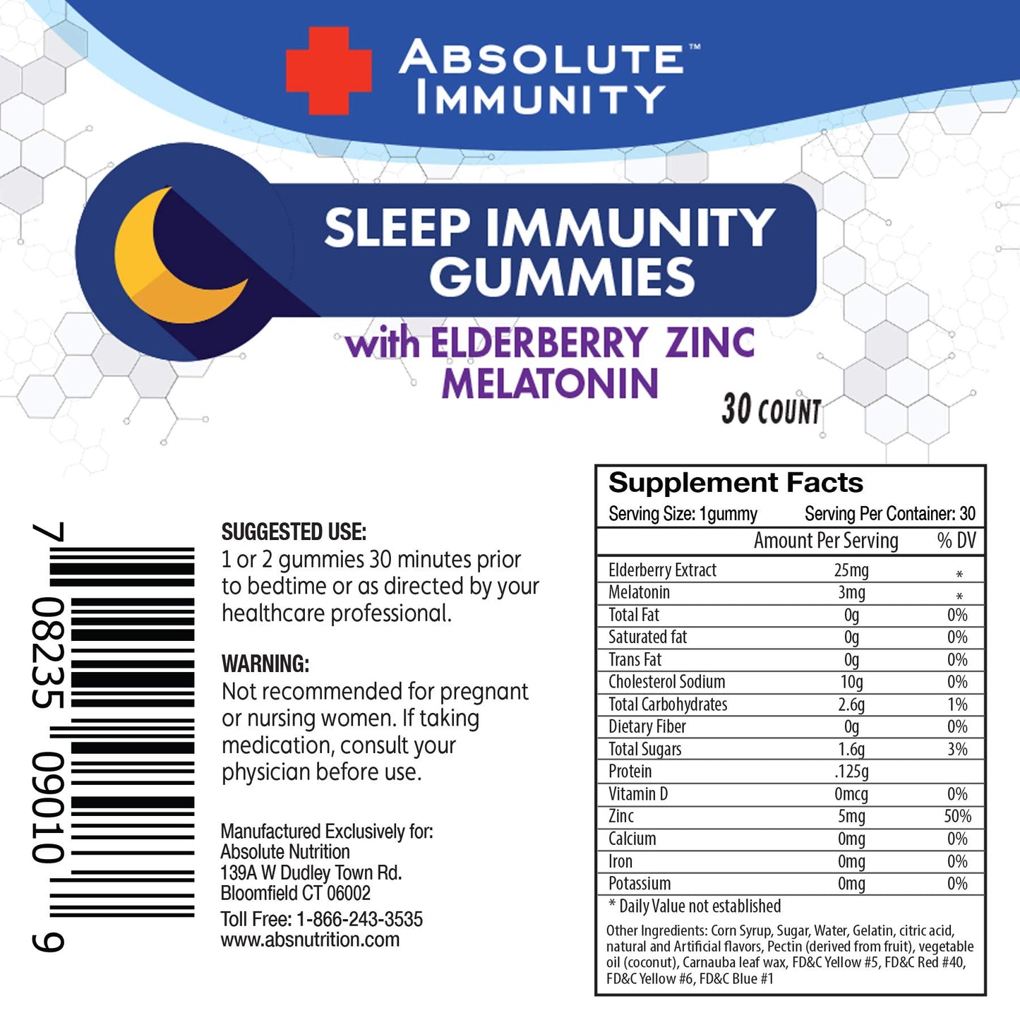 Absolute Nutrition Absolute Immunity Zinc and Elderberry Sleep with Melatonin Gummies 30 Count