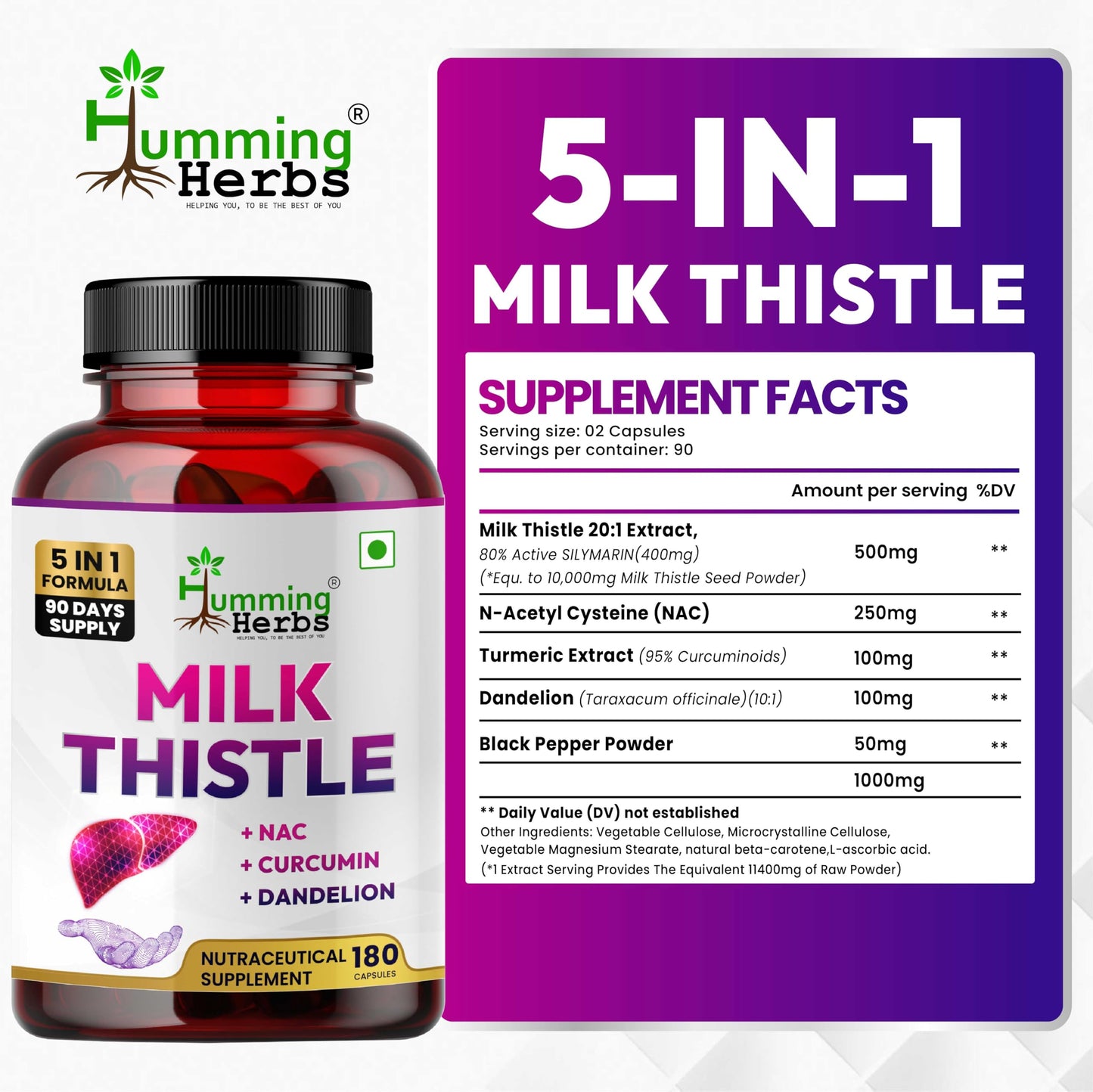Humming Herbs Milk Thistle Supplement 1000Mg 5-in-1 Formula with NAC, Curcumin, Dandelion & Black Pepper Capsules 180