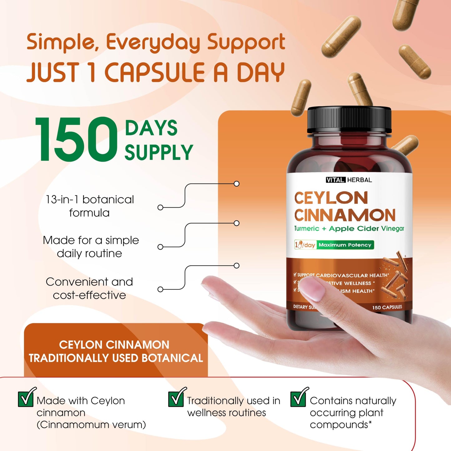 VITAL HERBAL Liposomal Ceylon Cinnamon with Turmeric & Apple Cider Vinegar, 150 Capsules
