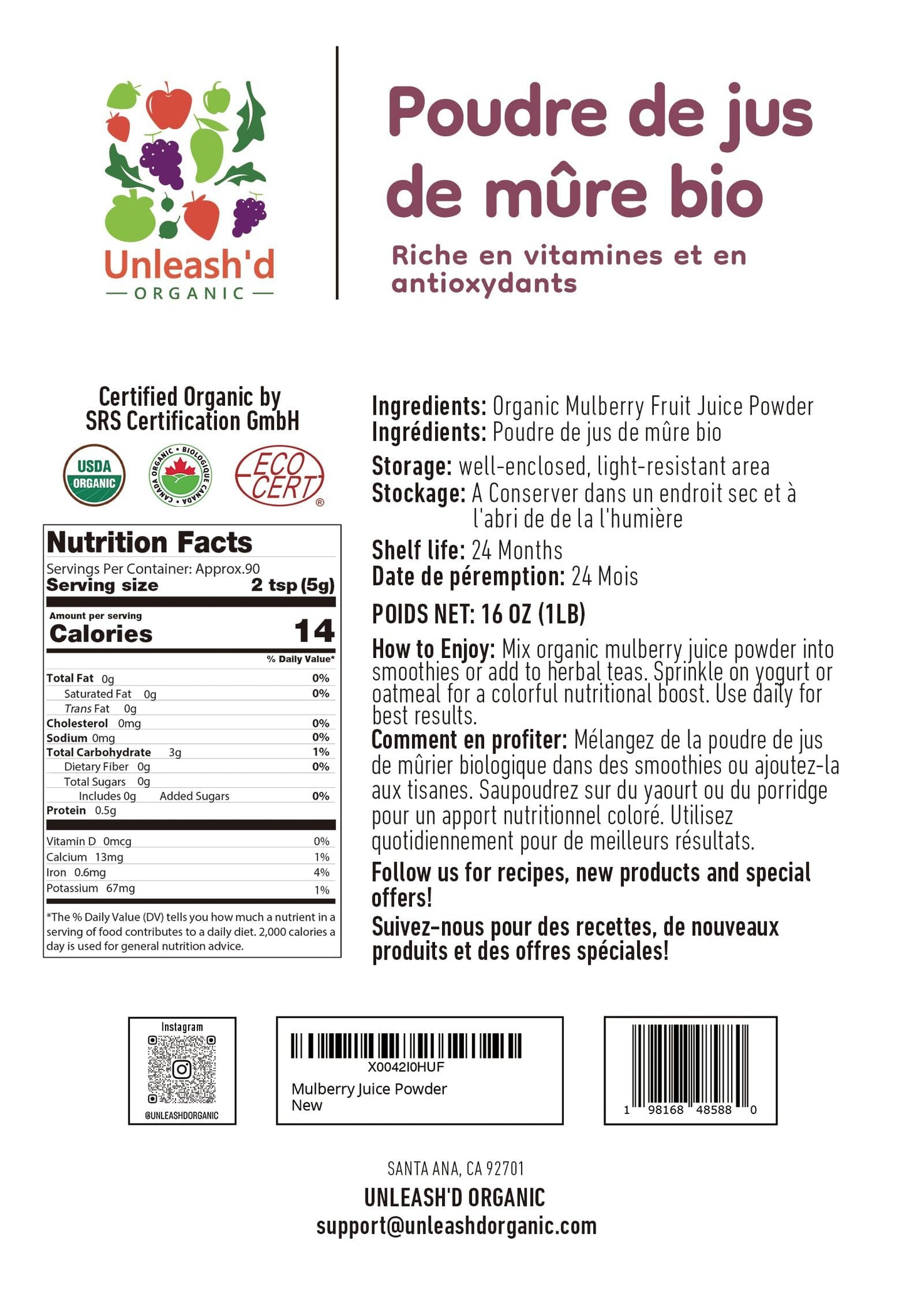 UNLEASH'D ORGANIC Mulberry Juice Powder 16 Count