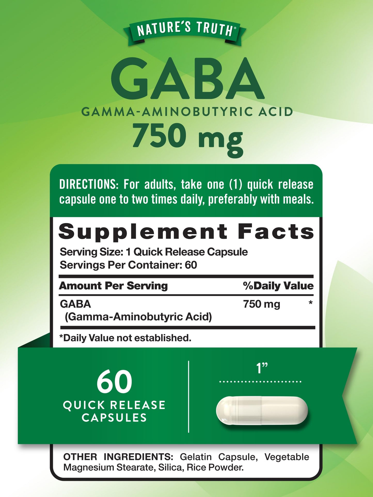 Nature's Truth GABA 750mg Capsules, 60 Count