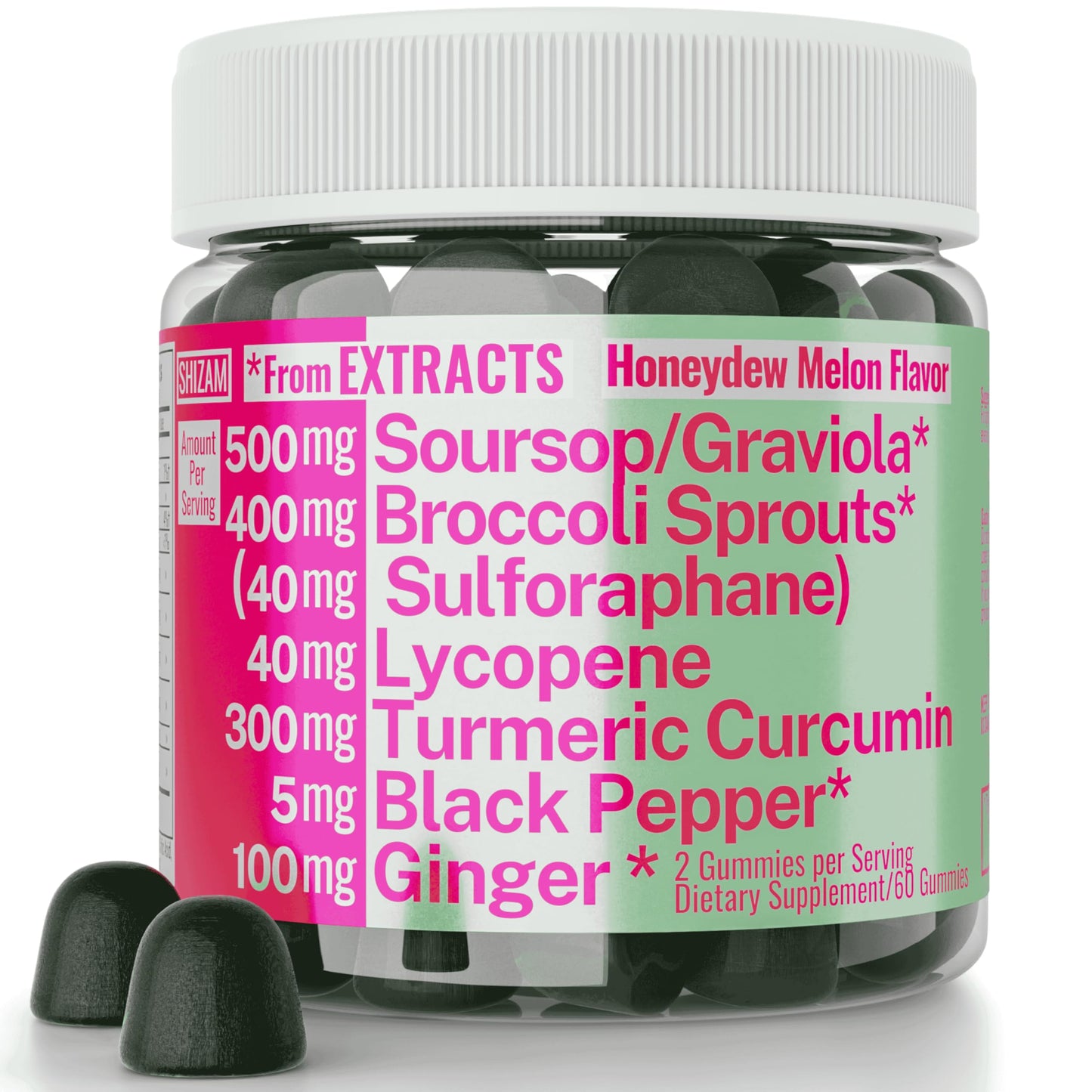 SHIZAM Soursop Graviola Curcumin Lycopene Broccoli Sprouts Sulforaphane Extract Gummies with Turmeric Curcumin Ginger Black Pepper, 60 Gummies