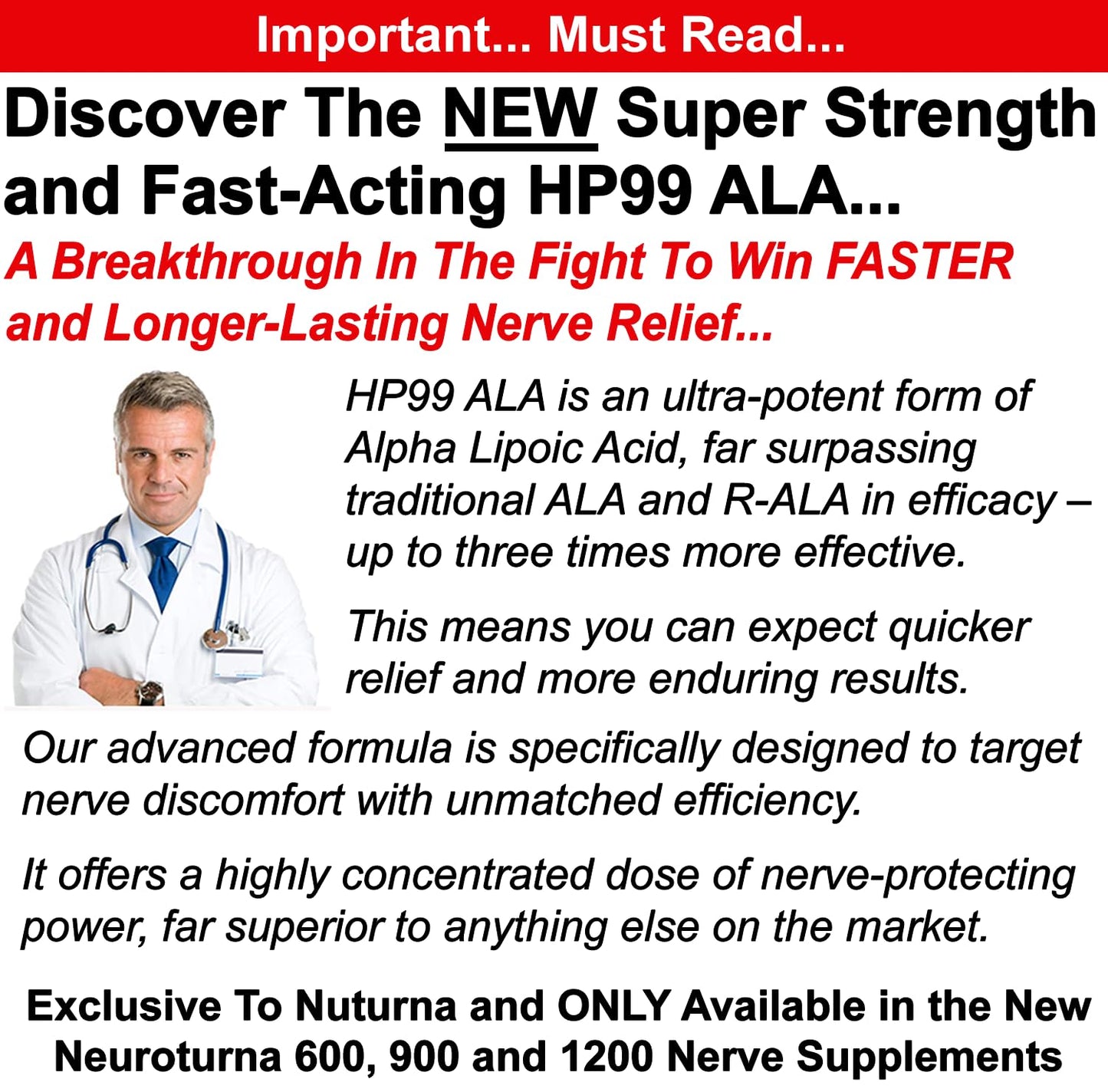 Nuturna Neuropathy Support with 1200 mg HP-99 Alpha Lipoic Acid, Max Strength Nerve Formula, Capsules, 180 Count