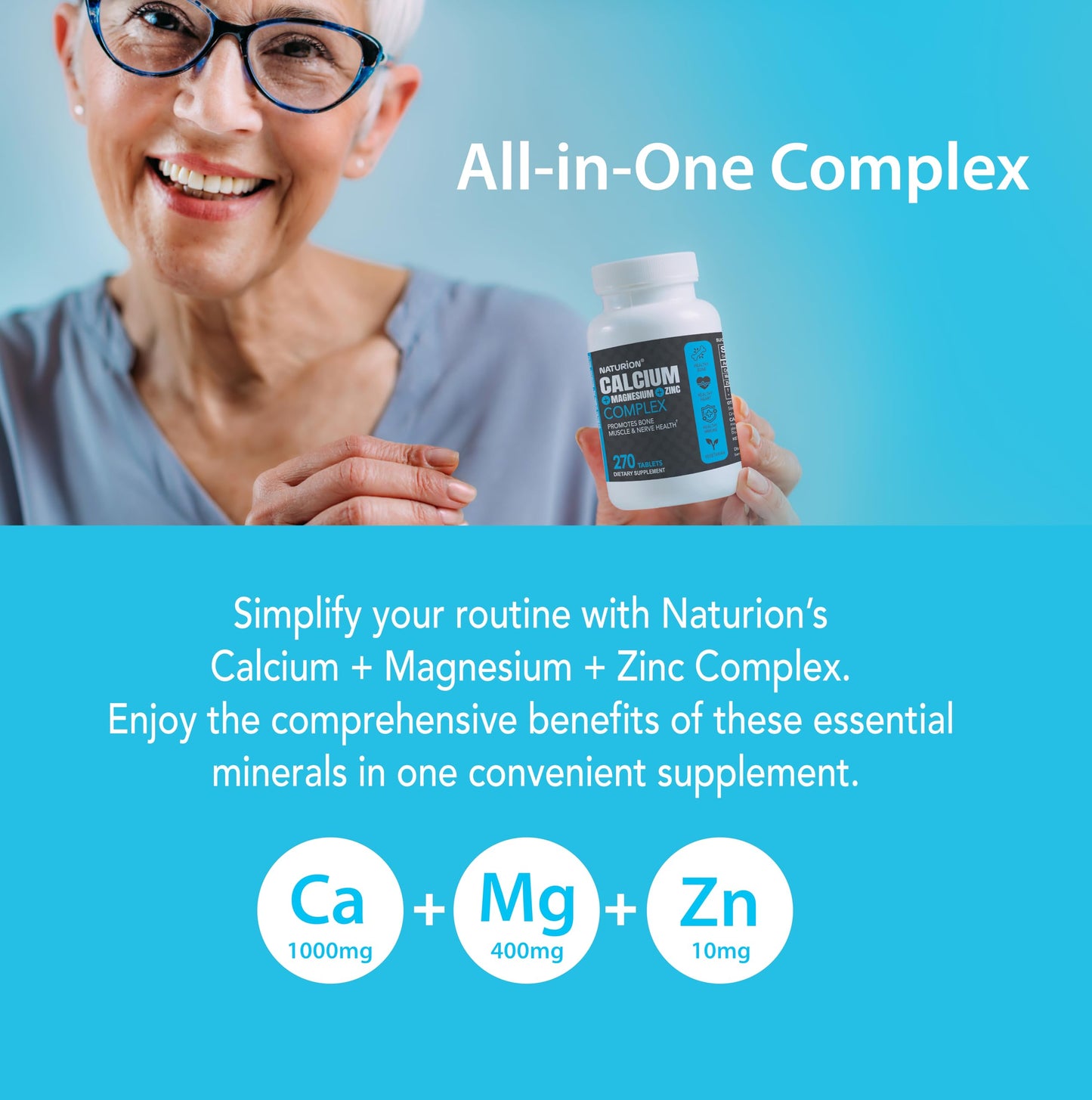 NATURION Calcium Magnesium Zinc Supplement - 3-in-1 Complex with 1000mg Calcium, 500mg Magnesium, 10mg Zinc - Bone, Muscle & Immune Support, Tablets, 270 Count