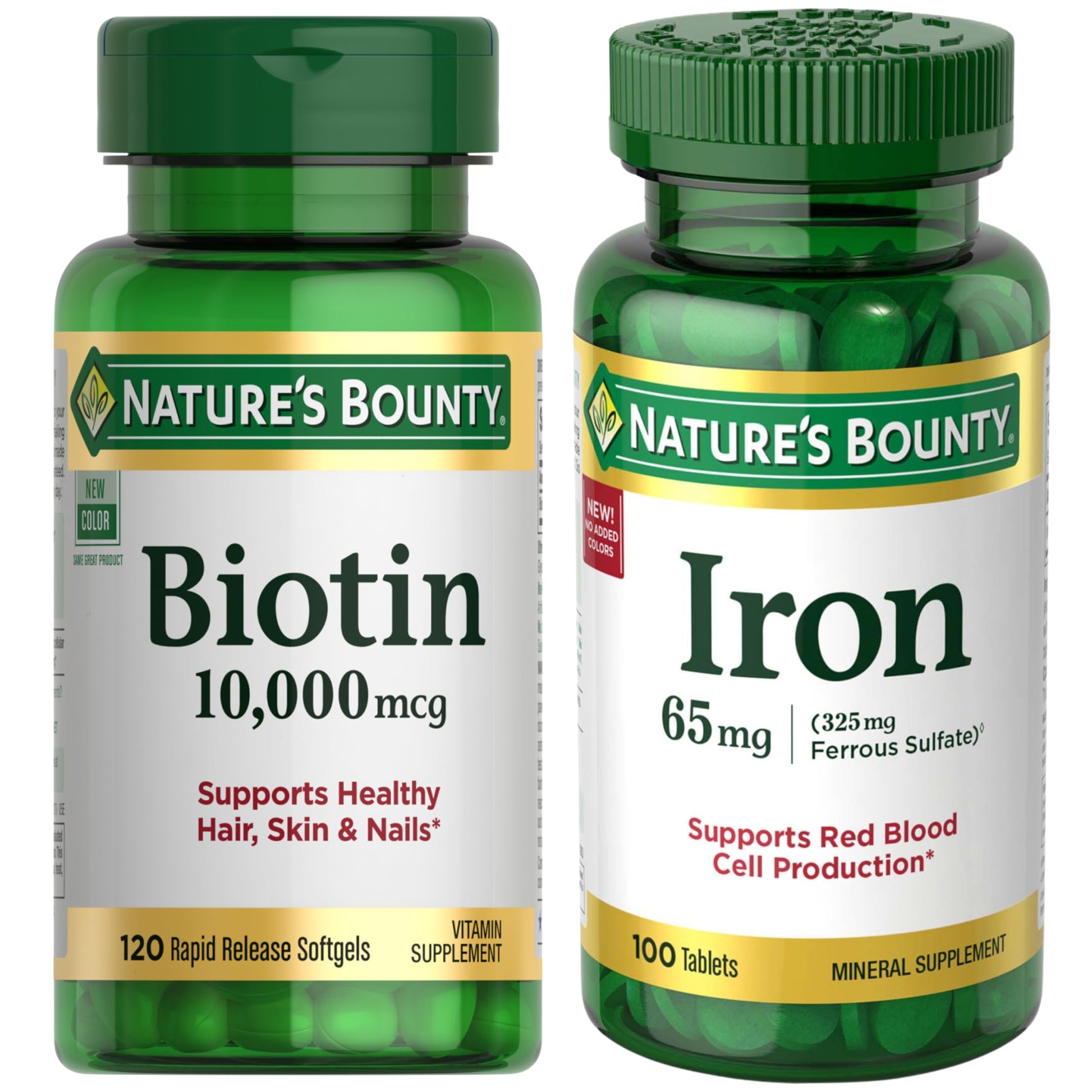 Nature's Bounty Biotin 10,000 Mcg Softgels + Iron 65 Mg Tablets Bundle, 220 Count