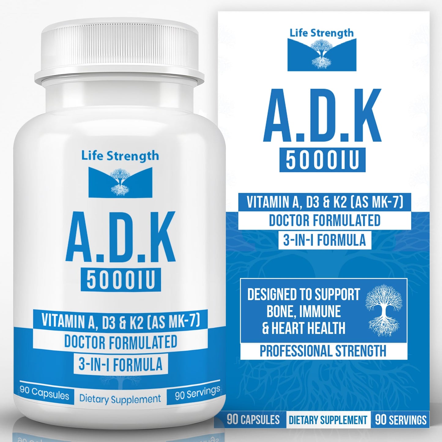 LifeStrength ADK 5 Vitamin A, D3 & K2 Capsules 90 Count