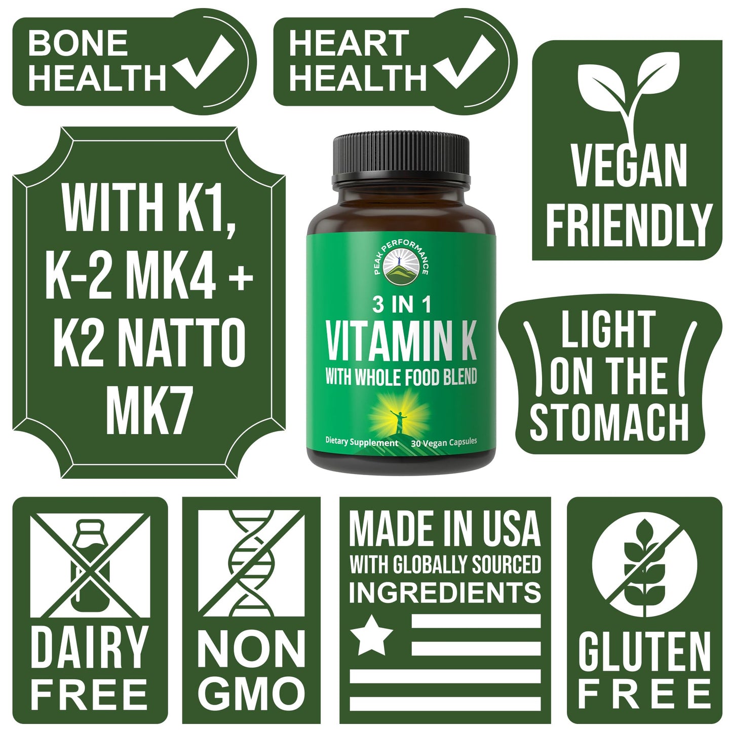 Peak Performance Vitamin K with Whole Food Blend of 25+ Vegetables and Fruits for Max Absorption Capsules 30 Count