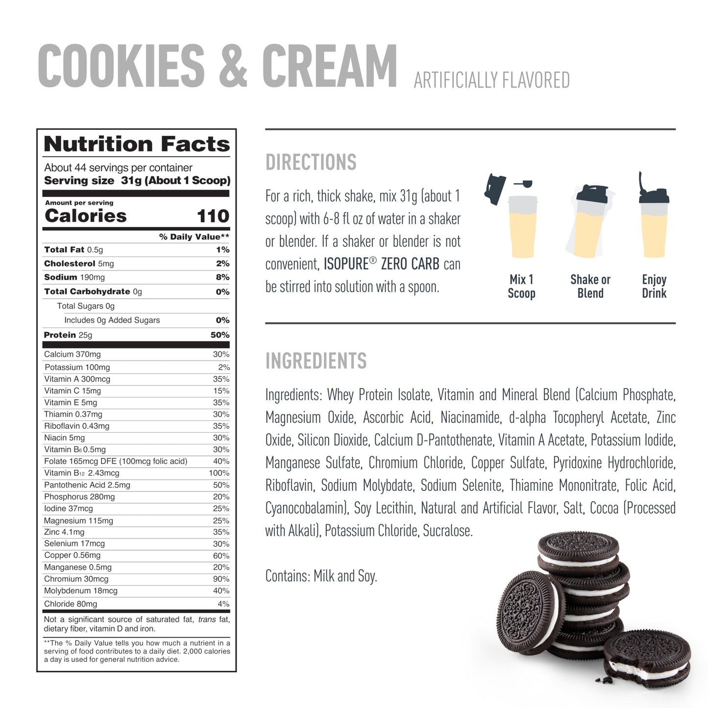 Isopure Zero Carb 100% Pure Whey Isolate Protein Powder Cookies & Cream, 48 Servings, 3 lb
