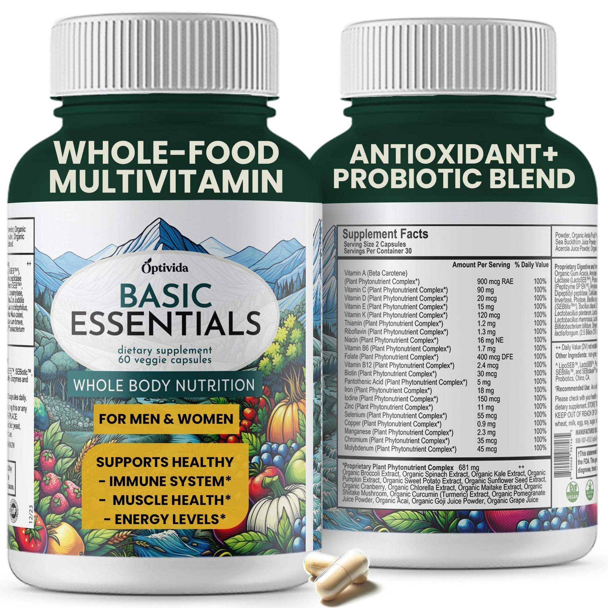 OPTIVIDA Organic Whole Food Multivitamin for Men & Women with Probiotics & Antioxidant Blends, Capsule, 60 Count