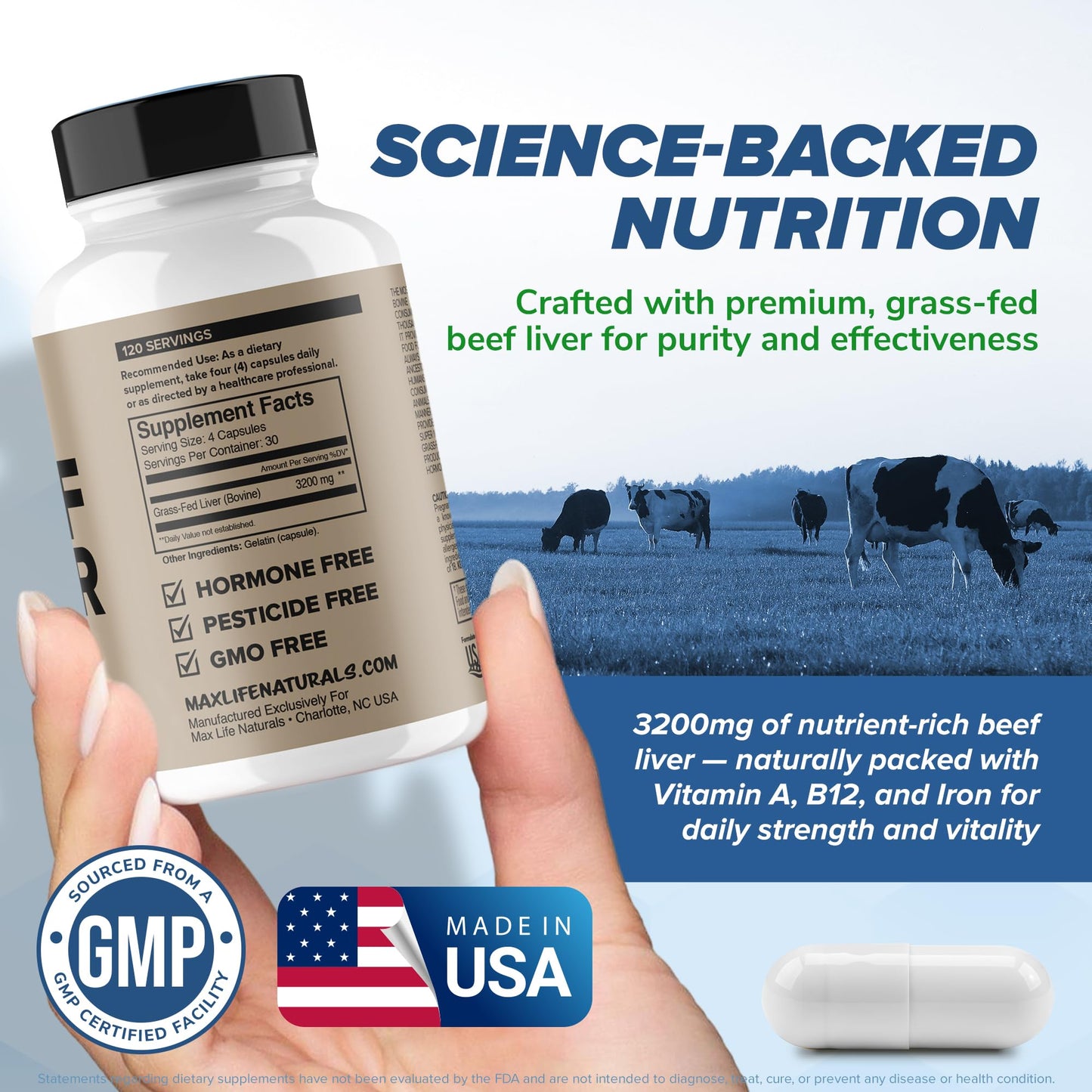 MAXLIFE NATURALS Grass Fed Beef Liver Capsules 3200mg, 120 Capsules