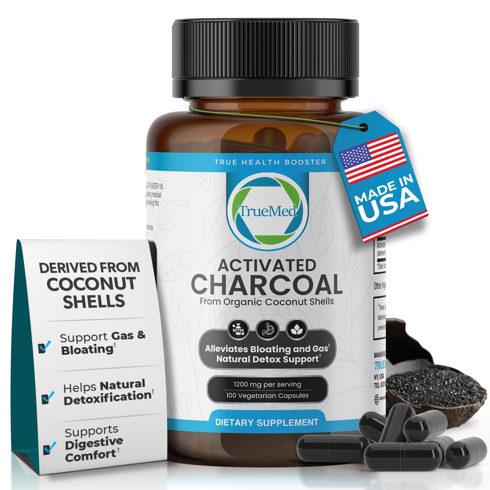 TRUEMED Activated Charcoal Capsules 1200mg, 100 Count
