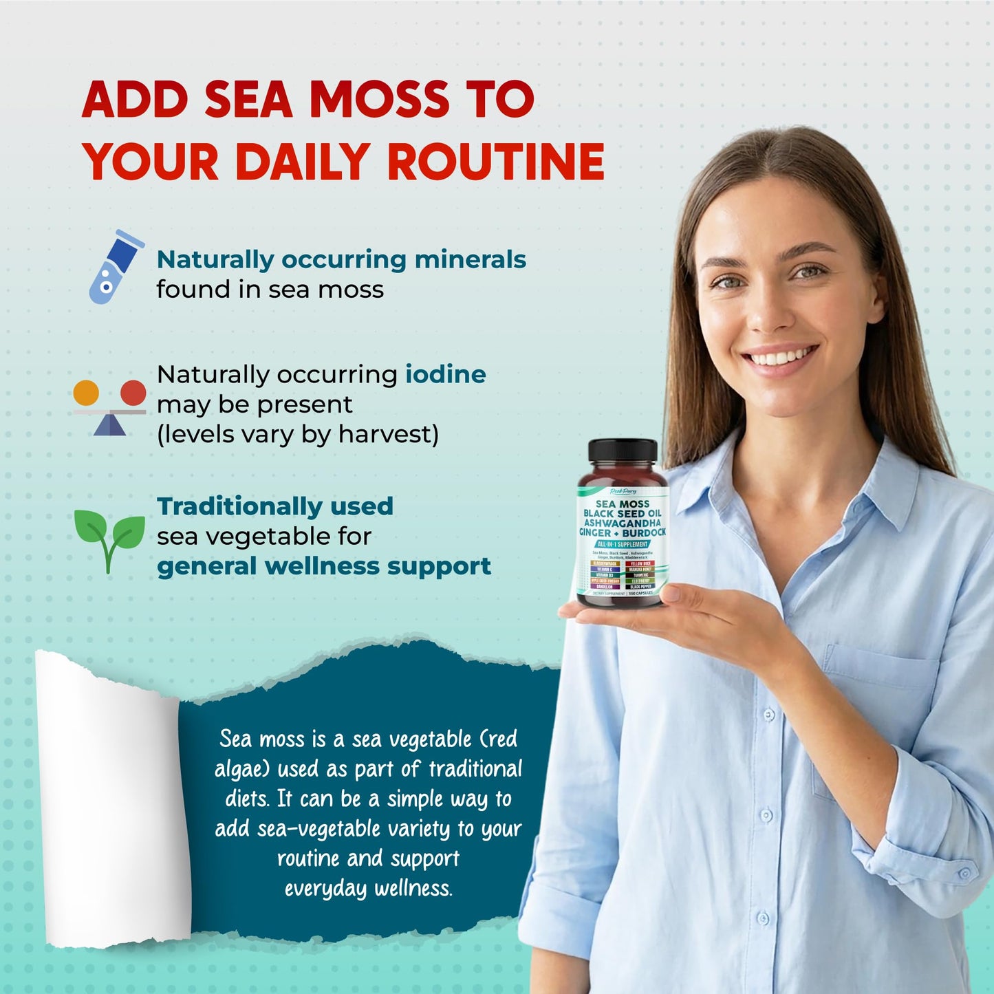 PEAKPURY Sea Moss Black Seed Oil Ashwagandha Ginger Burdock Bladderwrack Immunity Support Capsules, 150 Count