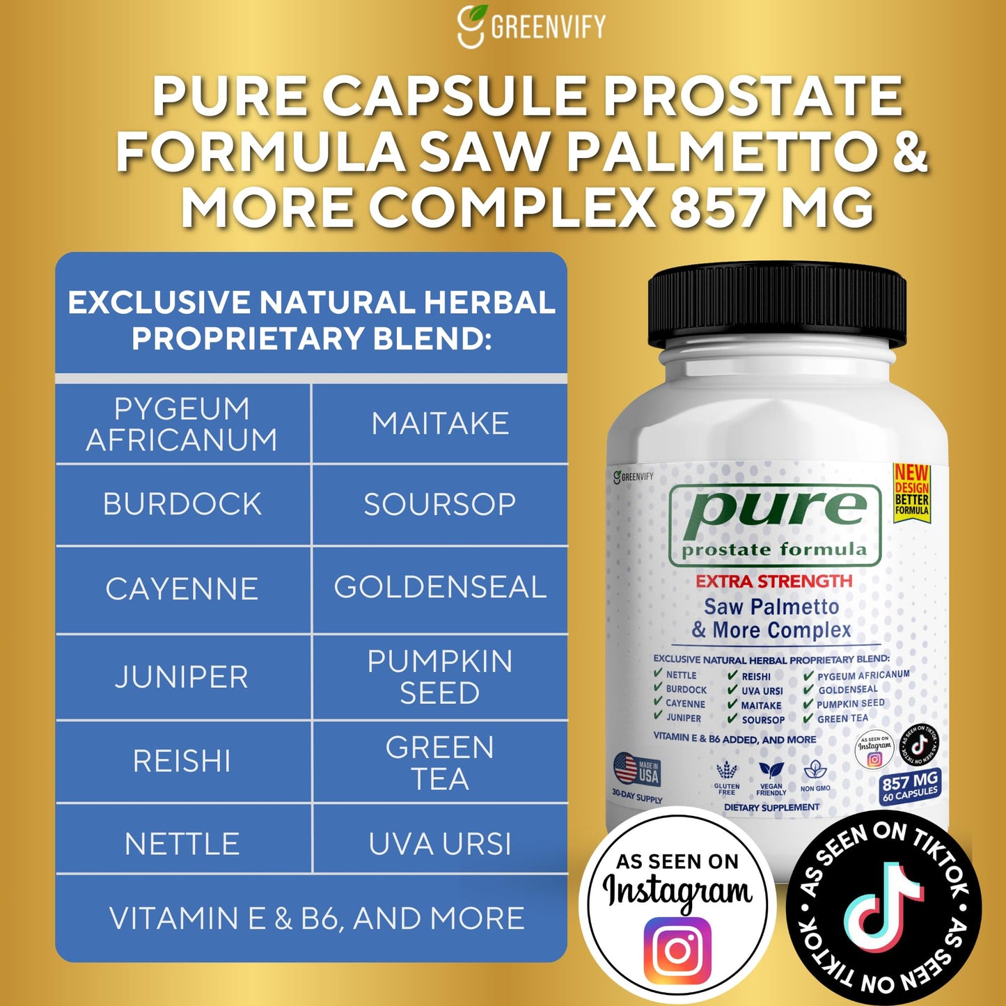 GREENVIFY Pure Prostate Formula Saw Palmetto & More Complex 857 mg Prostate Supplements for Men Capsules, 180 Capsules