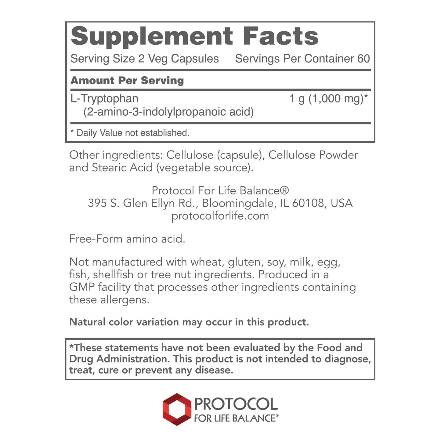 Protocol For Life Balance L-Tryptophan 500 mg Veg Capsules, 120 Count