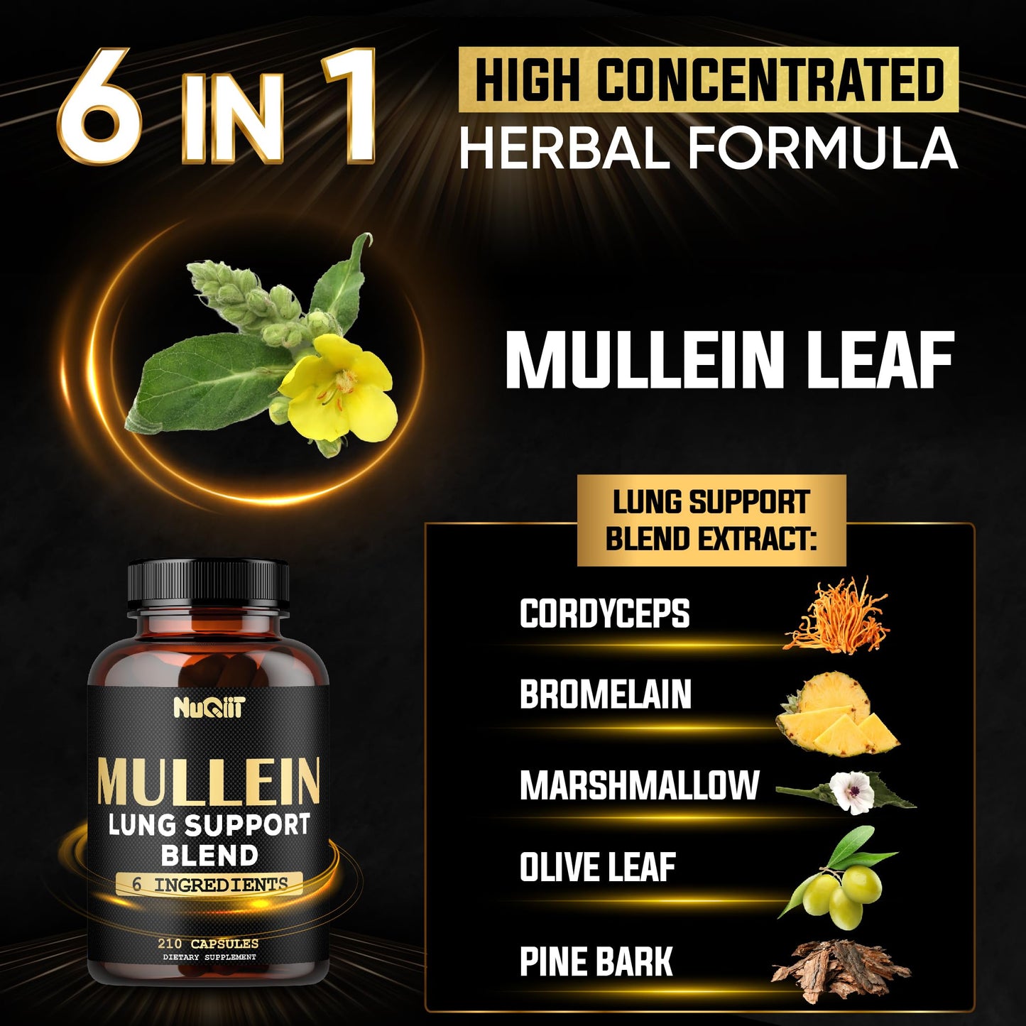 NUQIIT Mullein Leaf Capsules with Herbal Complex as Cordyceps Sinensis, Marshmallow, and More, 210 Count