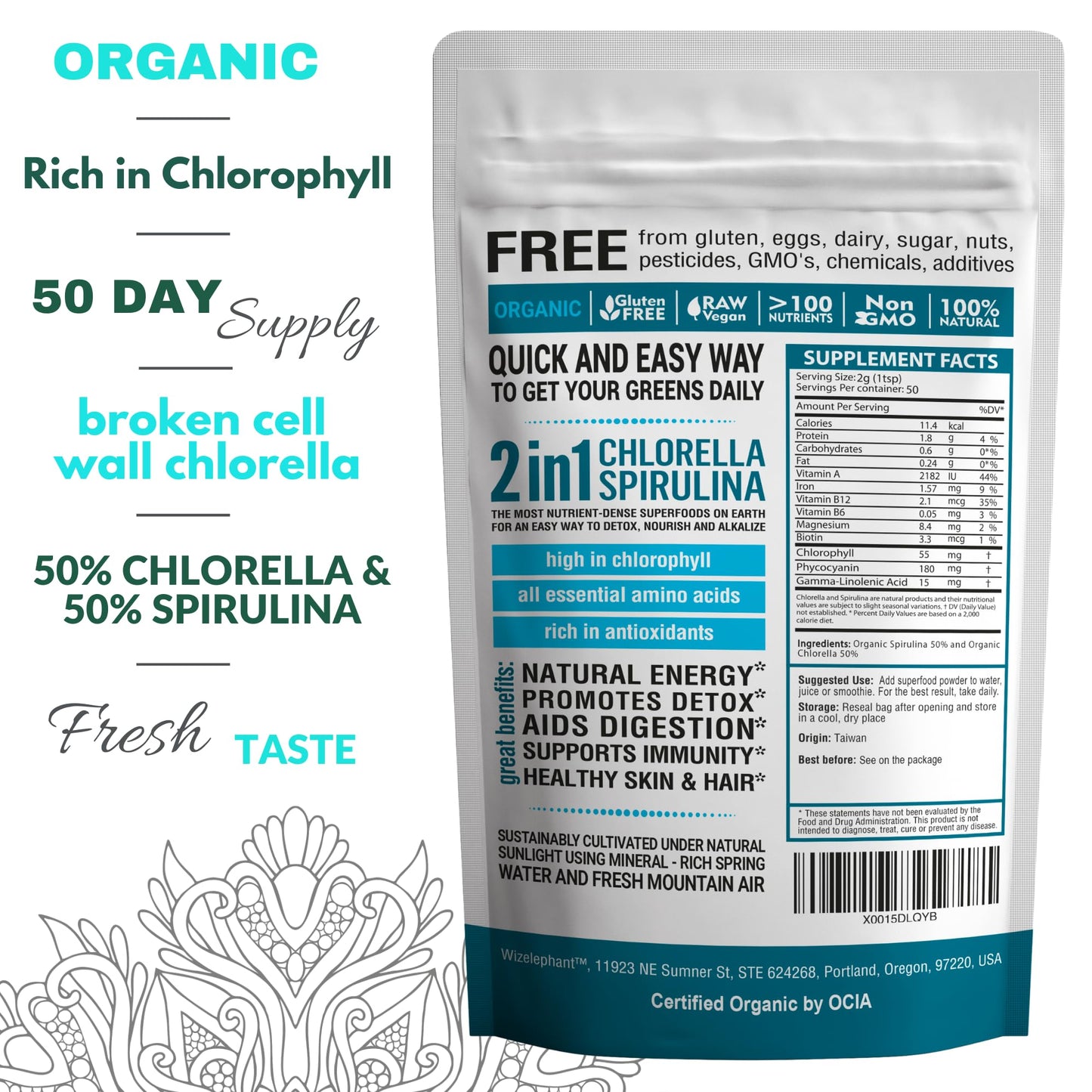 Wizelephant Chlorella Spirulina Powder Organic 3.52 oz
