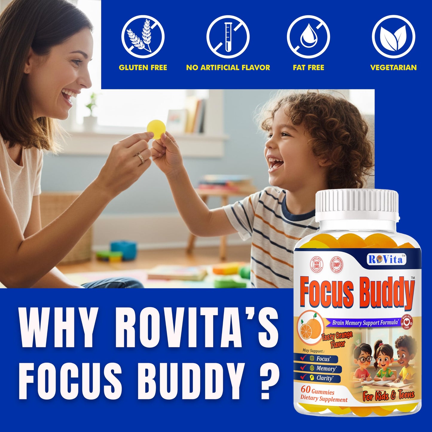 ROVita Focus Buddy Kids Focus and Attention Supplements Gummy, 60 Gummies
