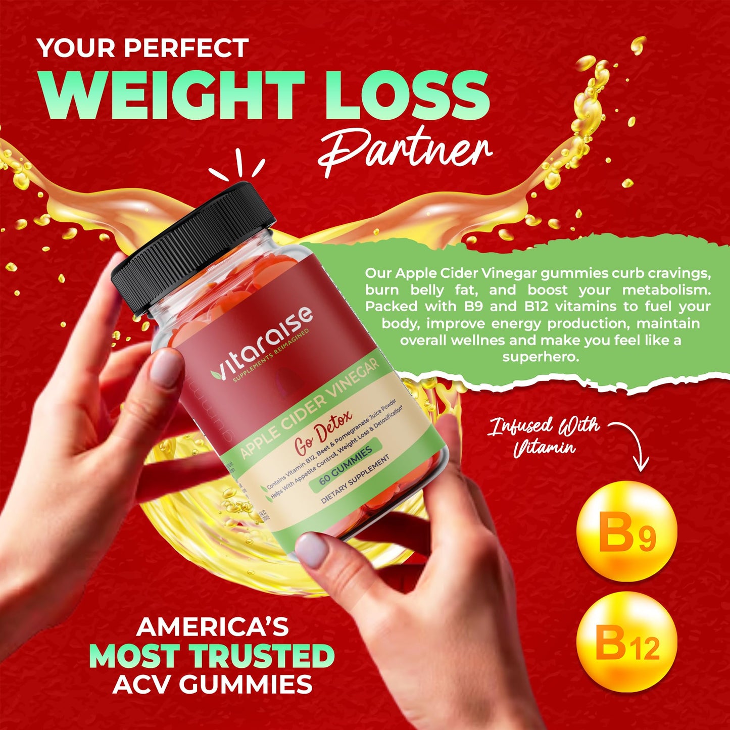 Vitaraise Apple Cider Vinegar Gummies with Mother, B9 & B12, ACV Weight Loss, 60 Gummies