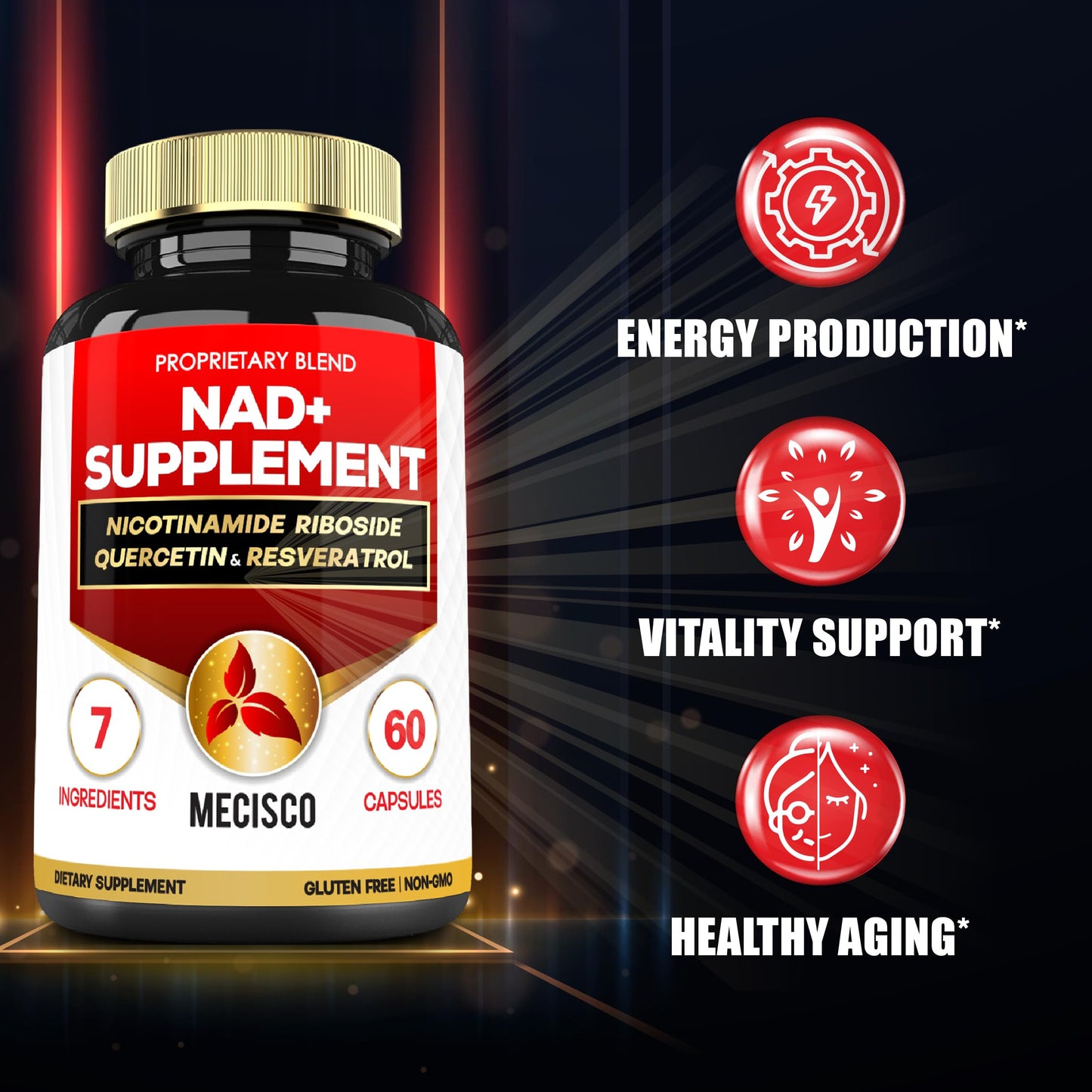 Mecisco NAD+ Supplement with Nicotinamide Riboside, Quercetin, Resveratrol, Turmeric, Rhodiola Rosea, Astragalus 60 Capsules