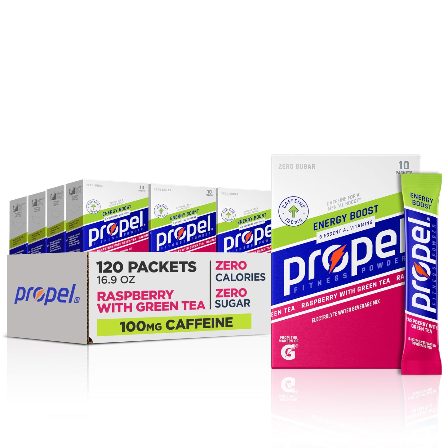 Propel Energy Boost Zero Calorie Powder Packets with Electrolytes and Caffeine, Raspberry Green Tea, 120 Pack