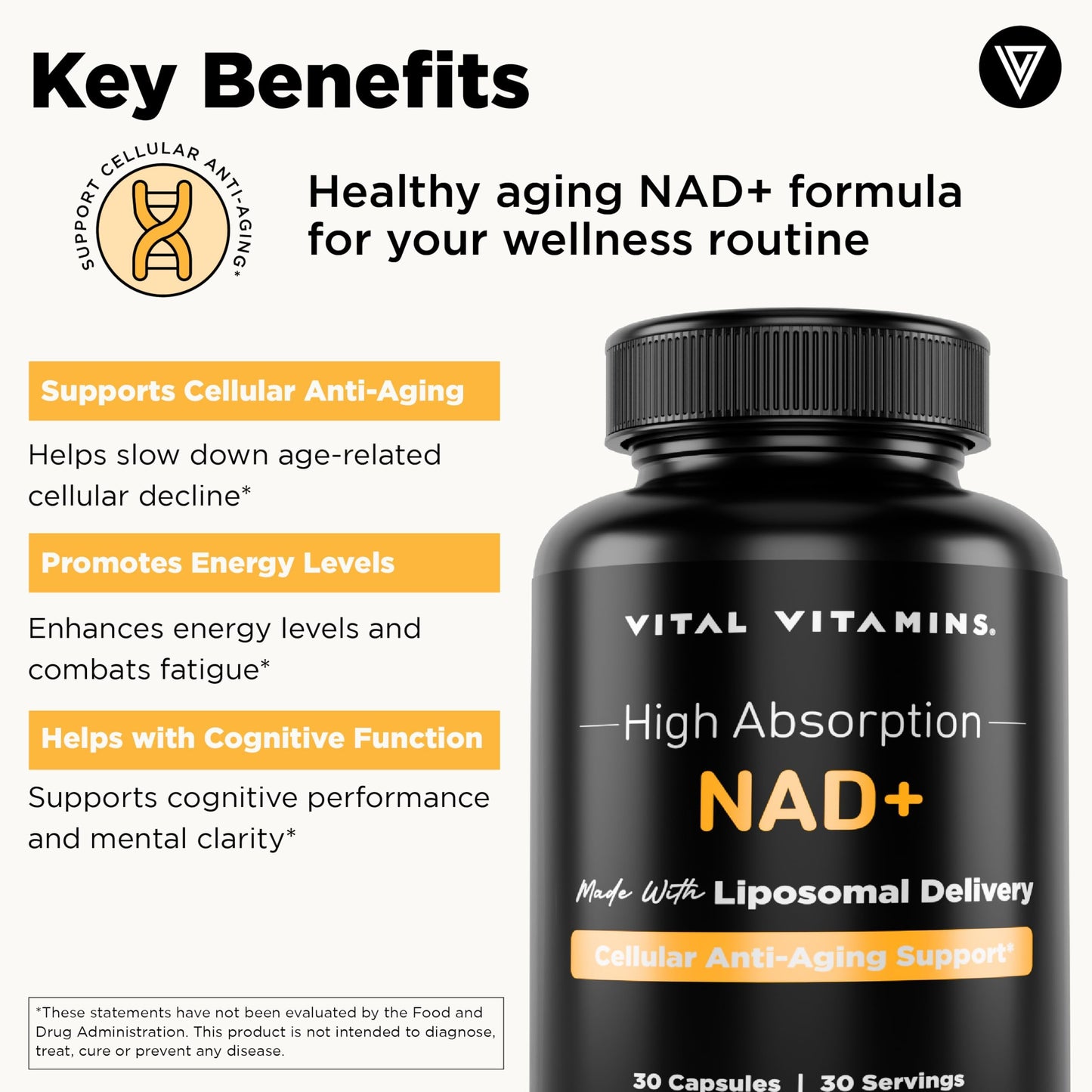 Vital Vitamins NAD+ NAD Supplement Capsules 30 Count